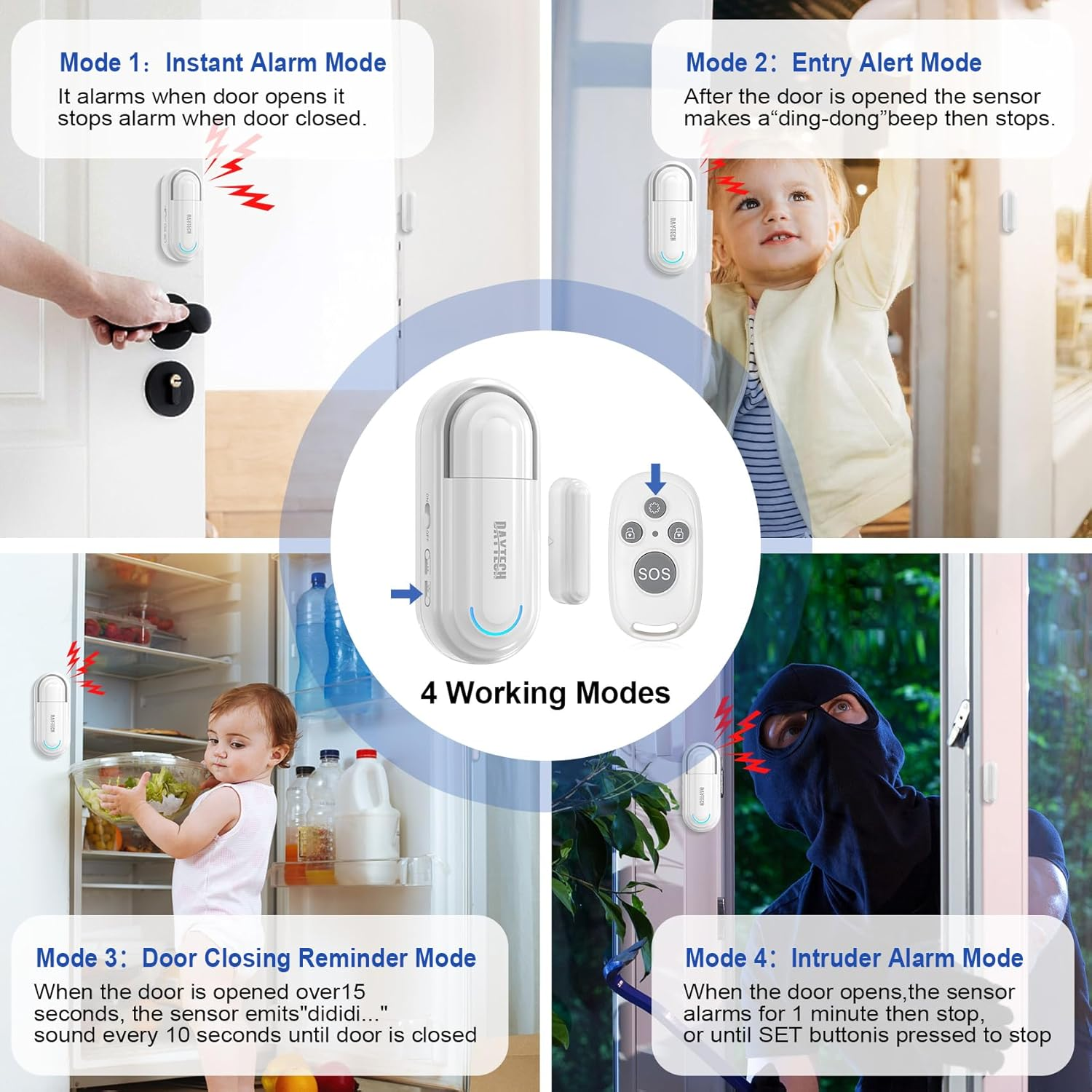 DAYTECH Door Alarm with Remote, 0-120Db Door Alarm Sensor When Opened Window Security Alert with 4 Working Modes for Kids Safety Home Security, 1 Sensor 1 Remote image number 2