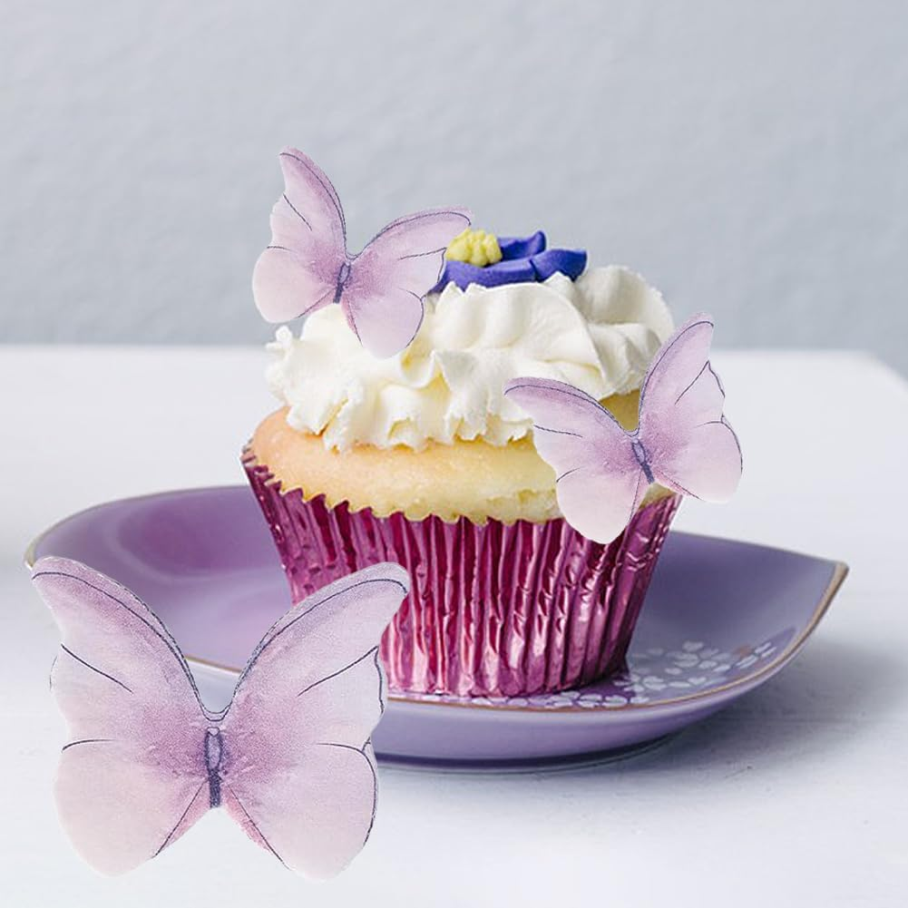 Edible Butterflies Cake Decorations,Geli 48 Pcs Purple Butterfly Cake Cupcake Toppers Wafer Paper Butterfly for Wedding Birthday Party image number 6
