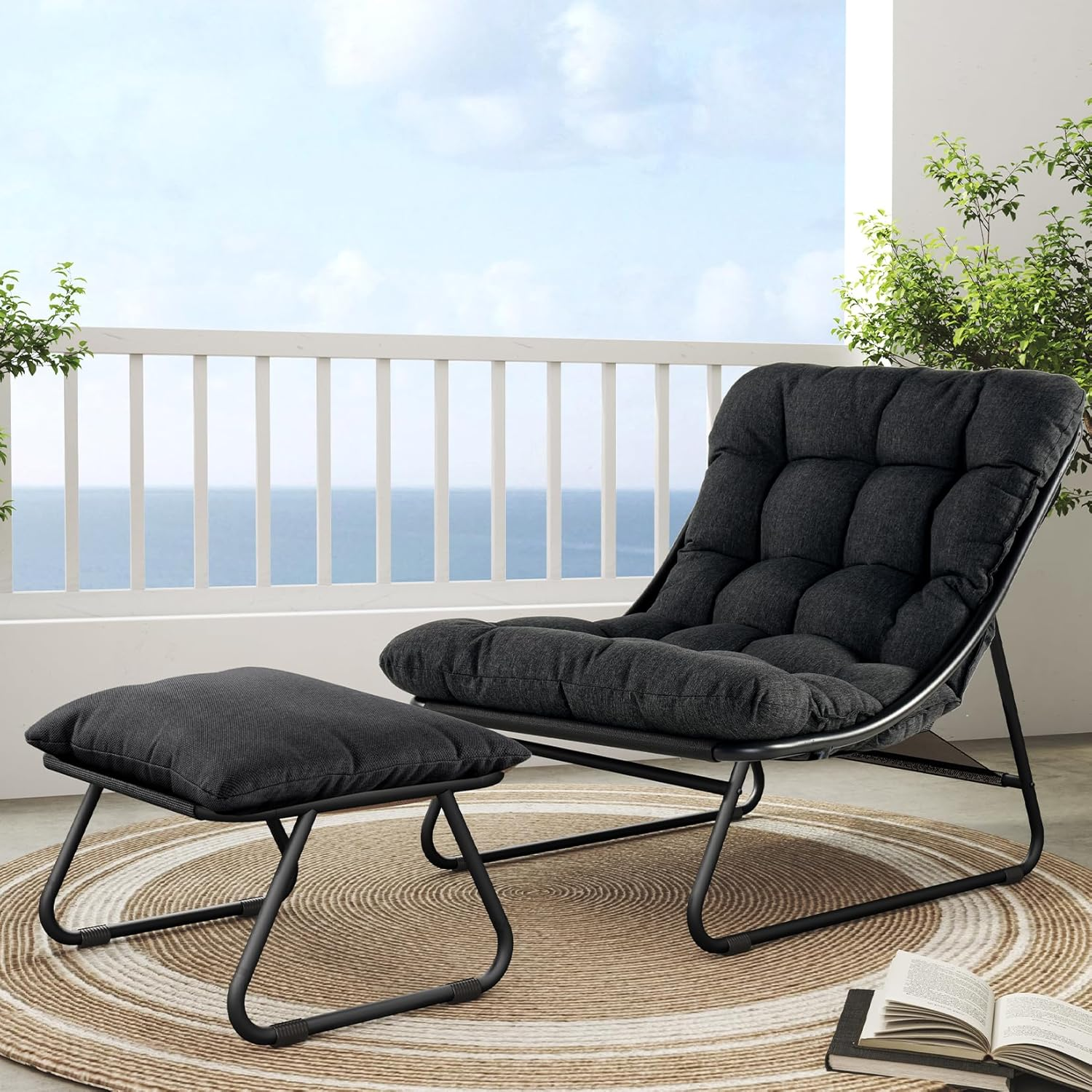 Grand Patio Outdoor Lounge Chair with Ottoman, Comfy Sling Recliner Chair with Puffy Cushion and Footstool, Samba Modern Patio Furniture Set for Porch Deck Garden, Dark Gray image number 6
