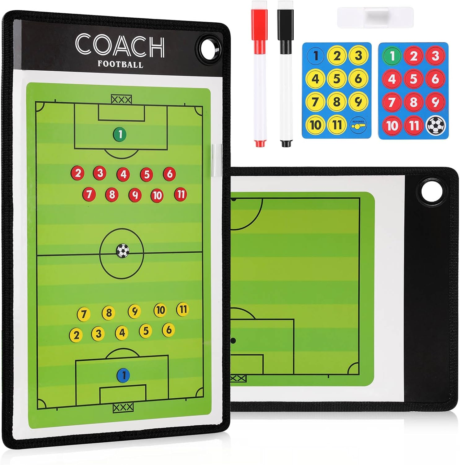Soccer Coach Board Set，Geeric Football Coaches Tactical Board+Magnetic Number+Erasable Marker Pen Red & Black Hangable Waterproof Double-Sided Writing Coach Blackboard for Teaching,Game Plan image number 2