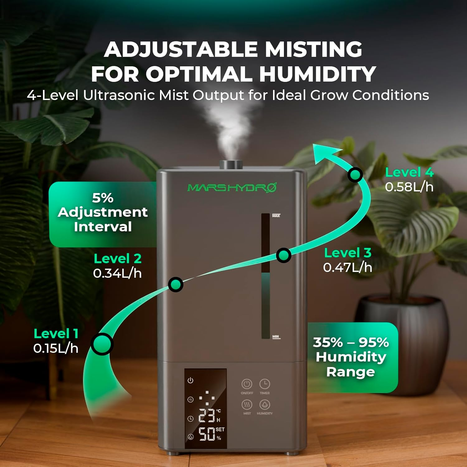MARS HYDRO Plant Humidifier 6L,With Adjustable Humidity,Timer Function,Ultrasonic Precise and Silent Operation,No-Leak Seal for Grow Tent,Indoor Planting,Greenhouse,Bedroom image number 4