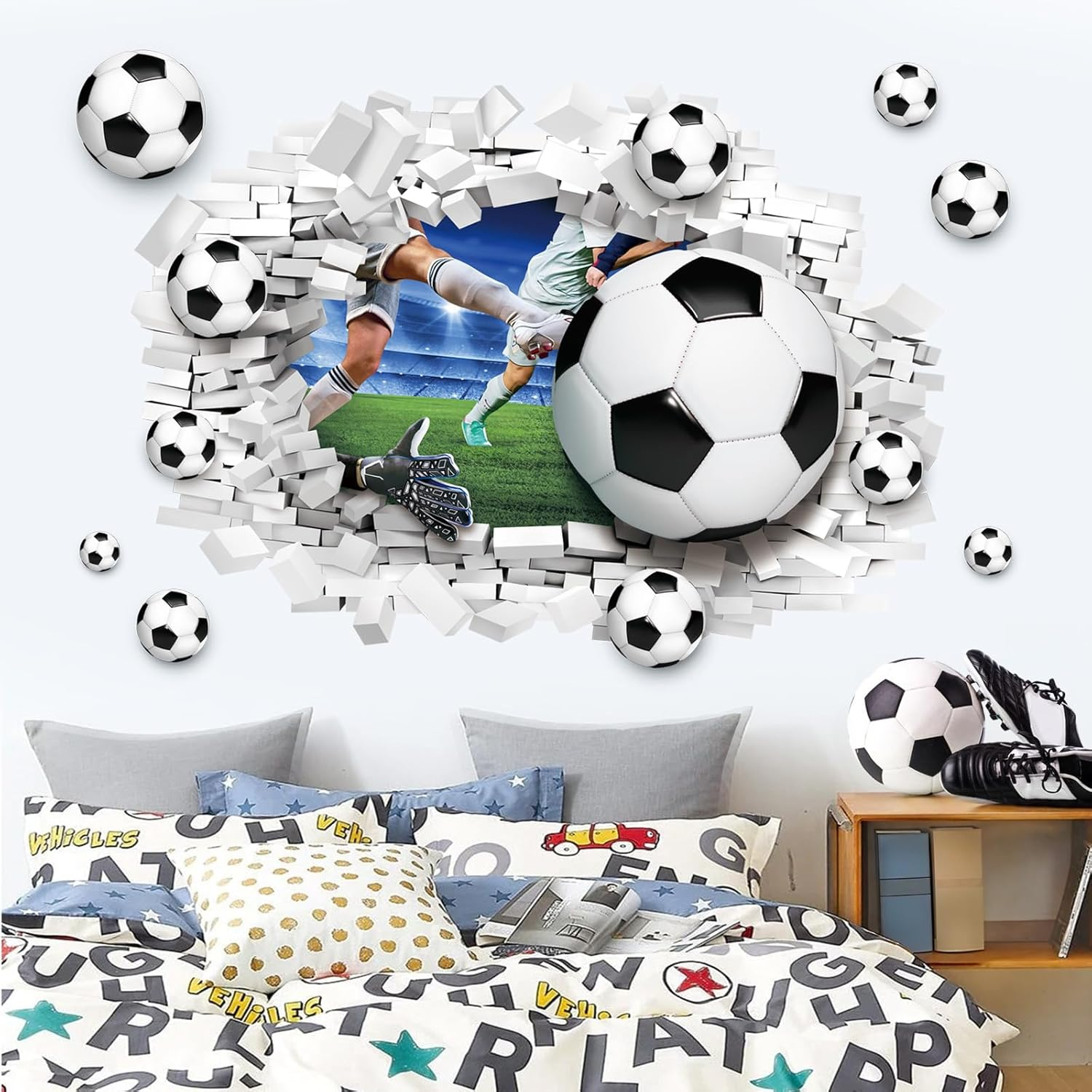 Decalmile Large 3D Football Wall Decals Soccer Sport Football Player Wall Stickers Boys Bedroom Playroom Classroom Wall Decor image number 3