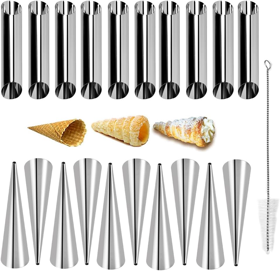 Guowall Stainless Steel Cream Horn Mold, 21Pcs Cannoli Forms Tubes Roll Kits with Cleaning Brush, 10Pcs Cone Shaped and 10Pcs Tubular Shaped Baking Molds for DIY Baking image number 4