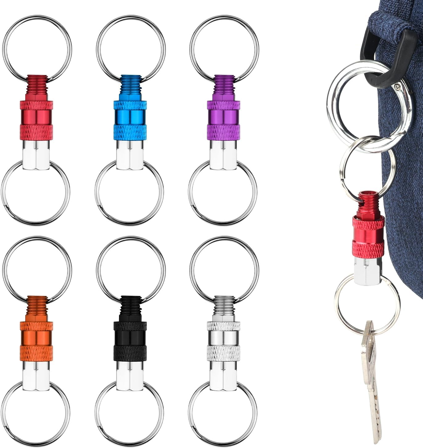 6 Pack Pull Apart Keychain, Quick Release Keychain Aluminum Keychain with 2 Split Rings Chain Separate Detachable Key Rings Quick Release Disconnect Keyrings Convenient Accessory Gift (Mixed Color), image number 6
