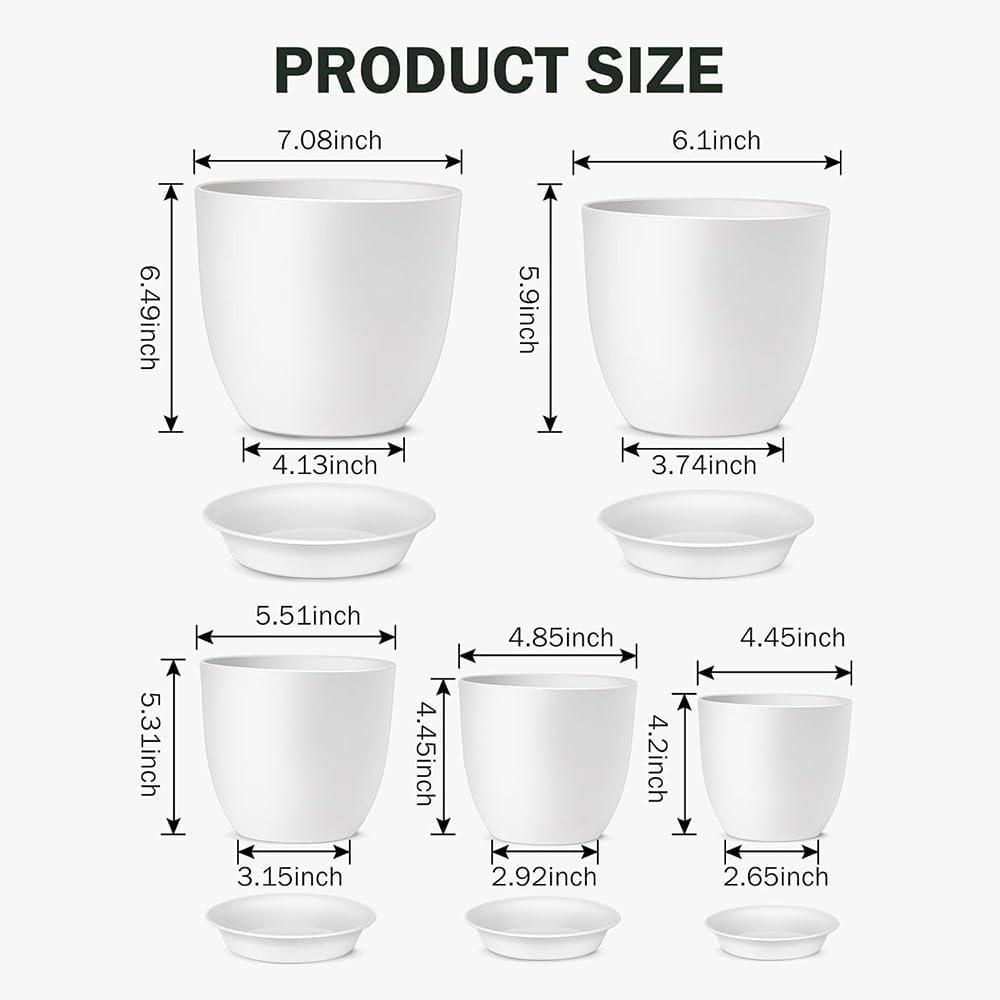 5 Pack Modern Indoor/Outdoor Plant Pots - White Plastic Planters with Drainage Holes & Trays | Decorative Flower Pots for Home Gardening image number 4