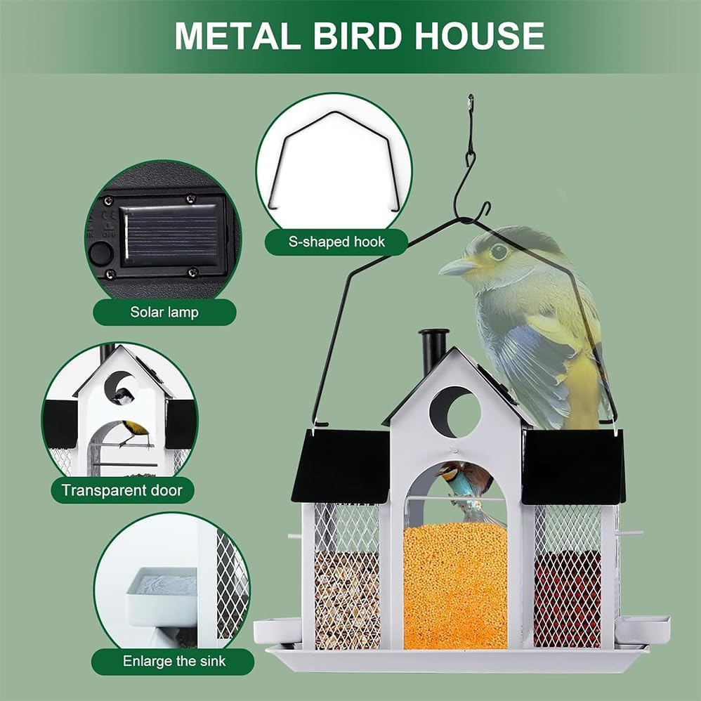 Creative House Metal Courtyard Hummingbird Squirrel Bird Feeder Outdoor Balcony Hanging Courtyard, Large Capacity Metal Wild Bird Feeder Squirrel Proof for outside Decoration,Superise for Bird Lovers. image number 4