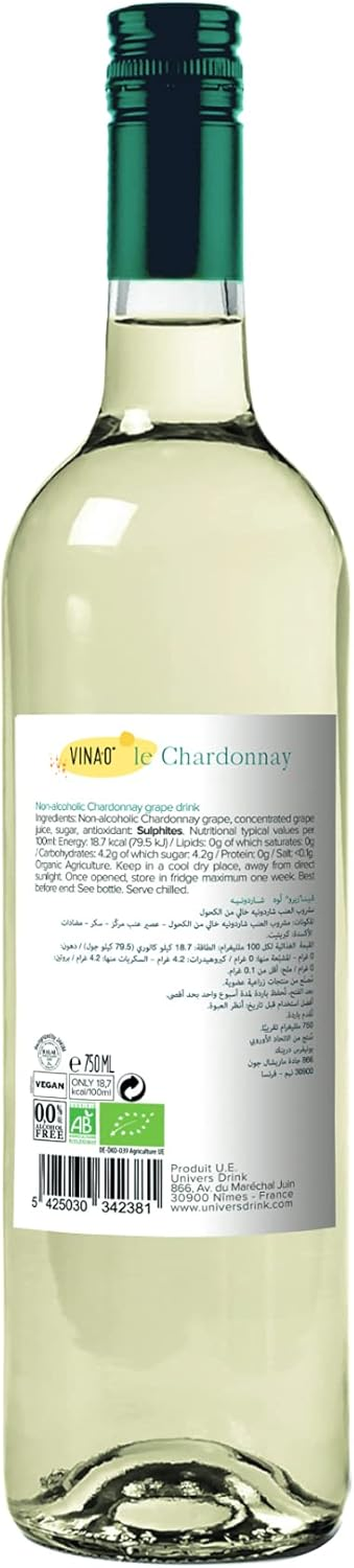 UNIVERS DRINK VINA&rsquo;0 Le Chardonnay Alcohol-Free Organic White Wine 750 Ml image number 1