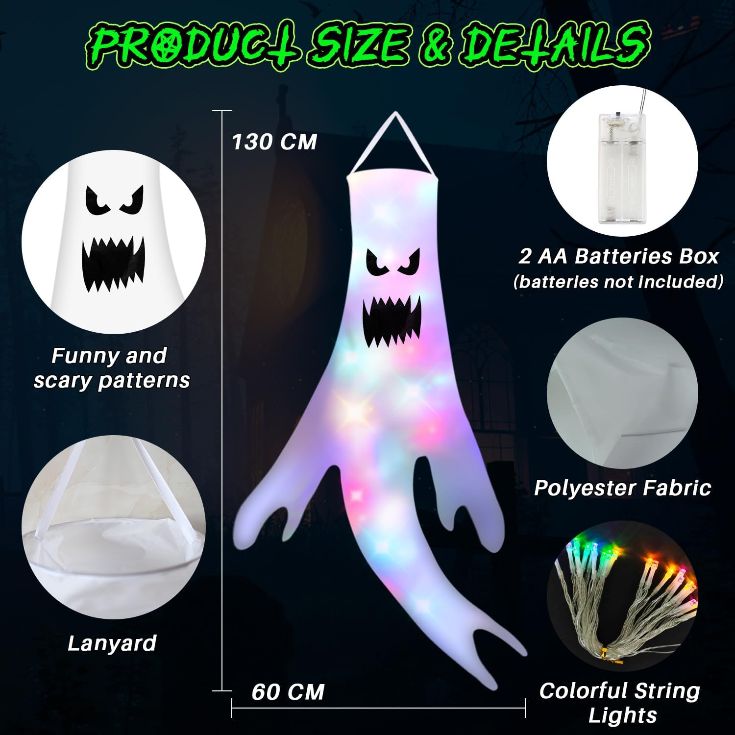 AUTOWT 2 PCS Halloween Ghost Windsocks with LED Lights, 51 Inch Light up Scary Hanging Ghost Windsocks Decor, Halloween Decorations for Home Indoor Outdoor Yard Party Supplies image number 2
