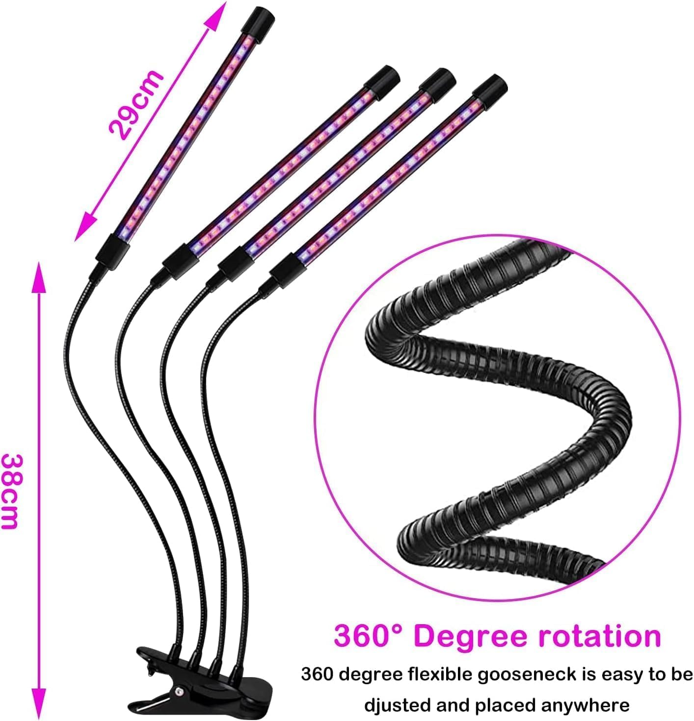 Grow Lights for Indoor Plants, Full Spectrum Plant Light with Timer 3/9/12H, 4 Adjustable Heads & 3 Modes, 360&deg; Flexible Neck for Seedlings, Succulents, Hydroponics (Black) image number 2