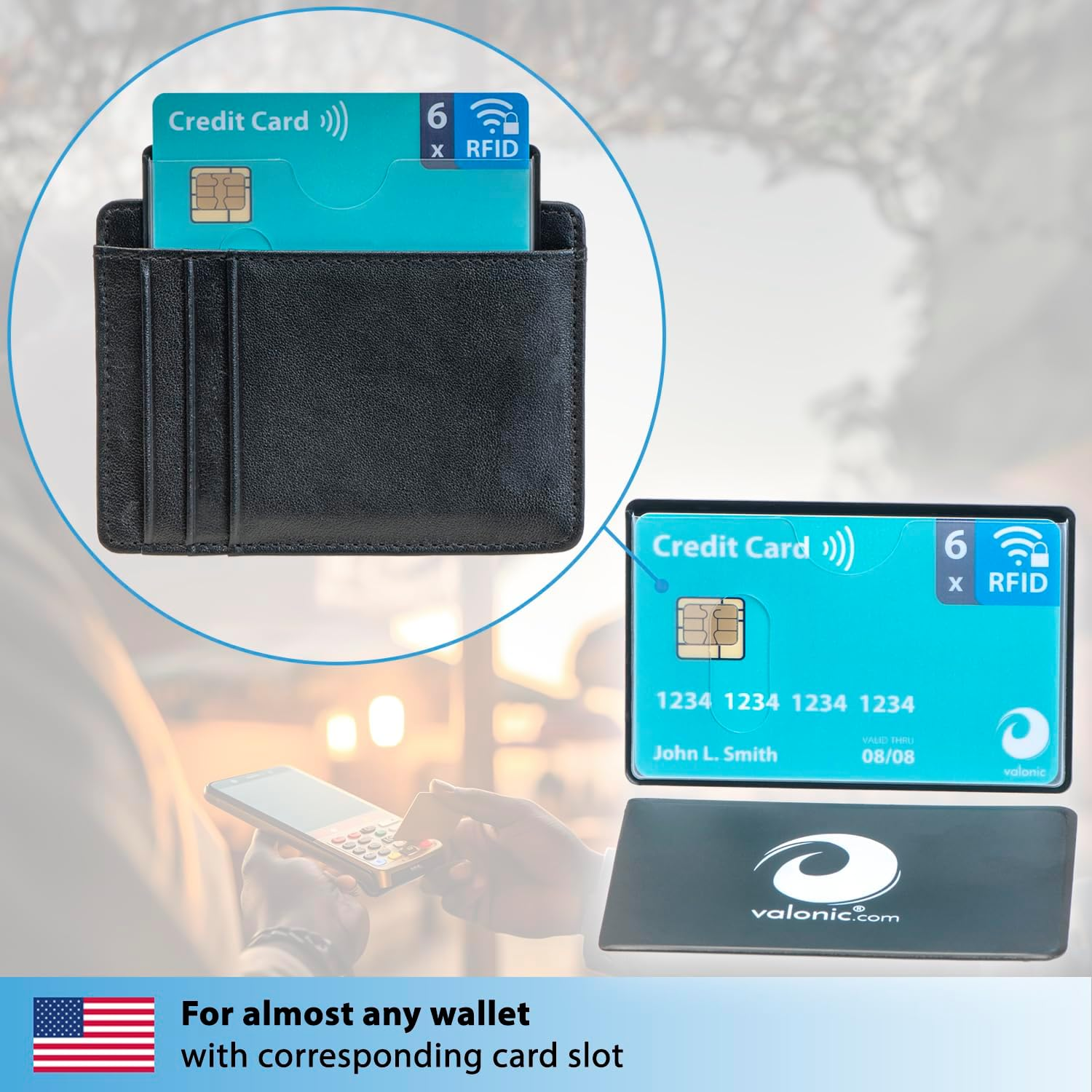 Valonic Set of 6 RFID Blocking Sleeves - Insertion from the Top, Credit Card Protector Sleeve for Wallet - Protection Block for Debit Card and Metro Card, Black/Transparent, 6 Pieces, Minimalist image number 4