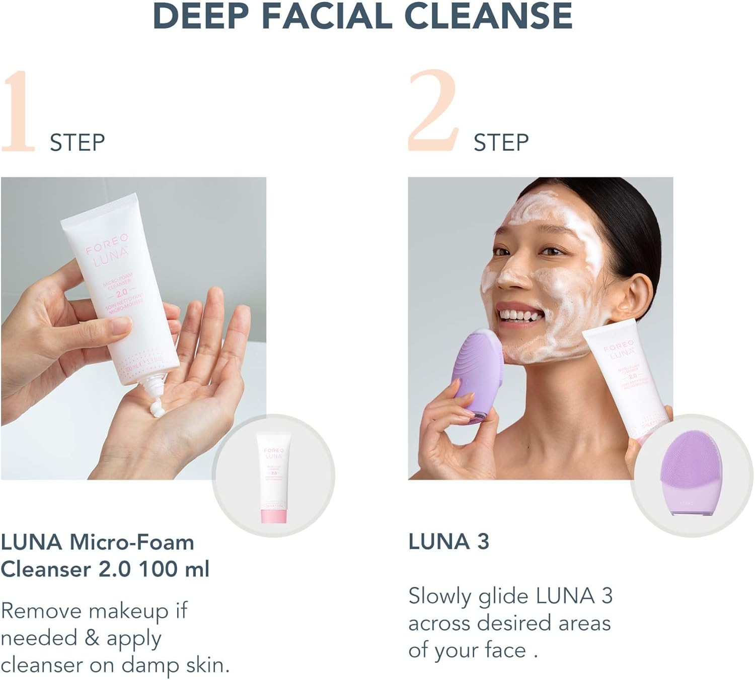 FOREO Deep Clean LUNA 3 Bundle - Facial Cleansing Brush Sensitive Skin + LUNA Micro-Foam Face Cleanser 2.0, 100Ml - Cleansing & anti Aging Face Massager - Face Care Brush - Face Wash - Pore Minimizer image number 2