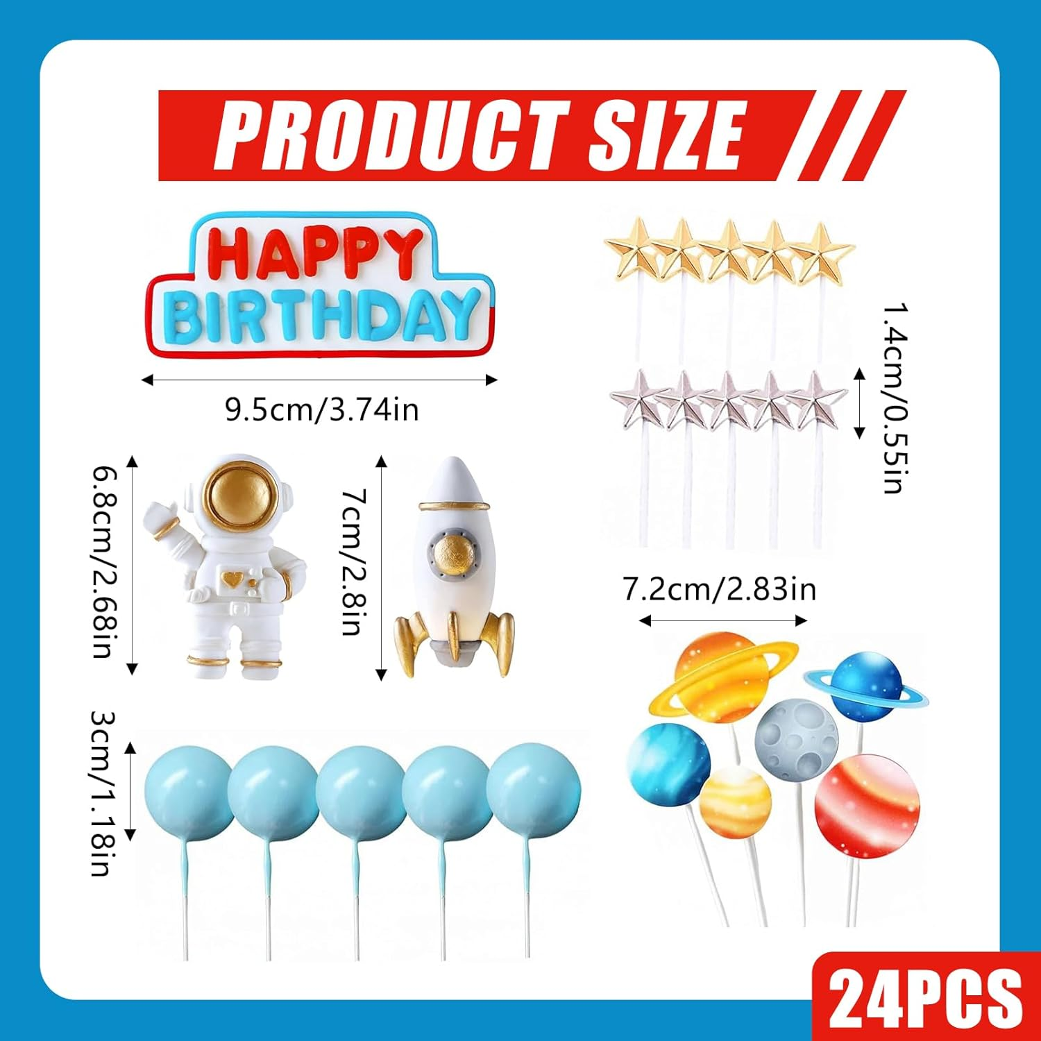 Homiliky Outer Space Cake Topper Set - Astronaut Rocket Stars Cake Decorations for First Birthday, Baby Shower & Space Themed Party Supplies (24Pcs) image number 1