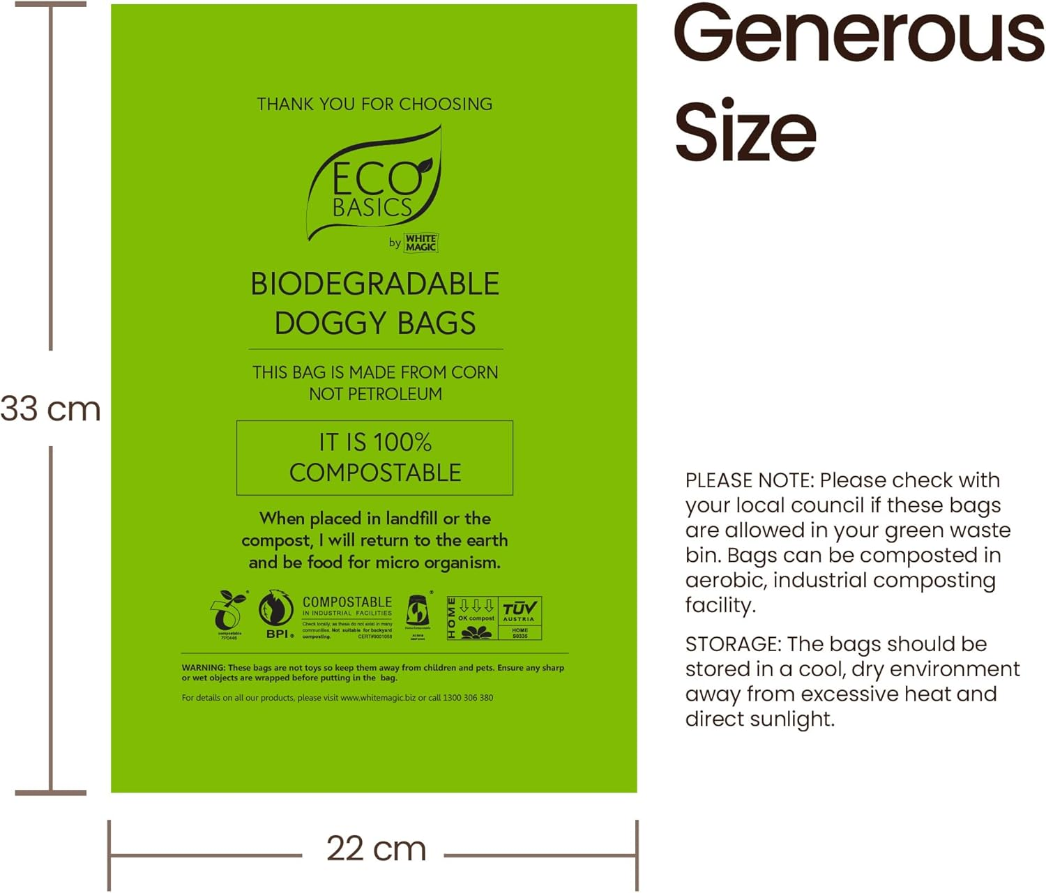 Eco Basics 100% Compostable Dog Poo Bags, 16 Rolls 240 Count, OK Compost Certified Thick Leak Proof Dog Waste Poo Bags 22 X 33 Cm, Unscented Doggy Poop Bag image number 5