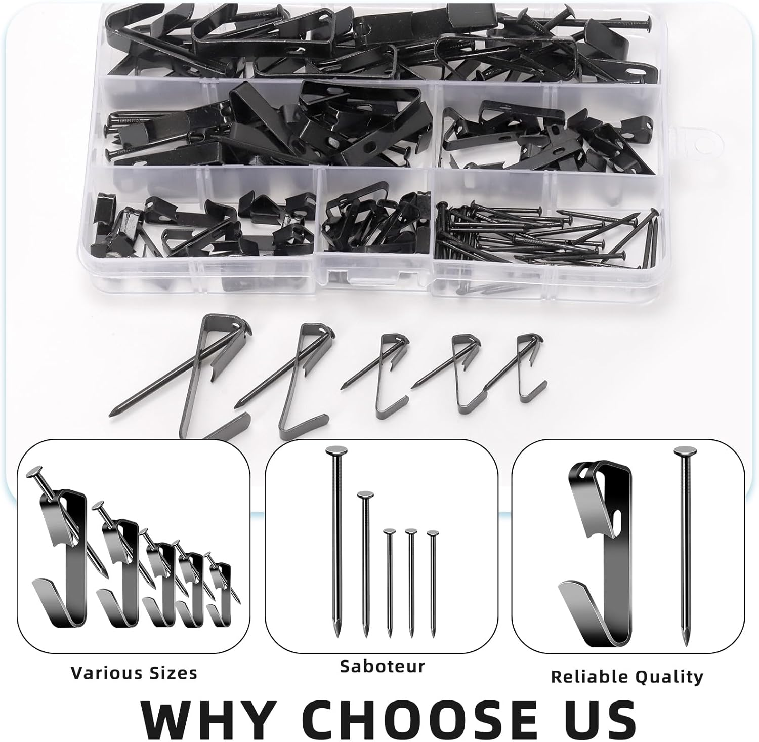 Glarks 75Pcs 10Lb/20Lb/30Lb/50Lb/100Lb Picture Hangers Hooks with Nails Kit, Black Picture Photo Hanging Hooks with Nails, Picture Hanging Kit for Frame, Painting, Art, Photo - Golden Black Picture image number 2