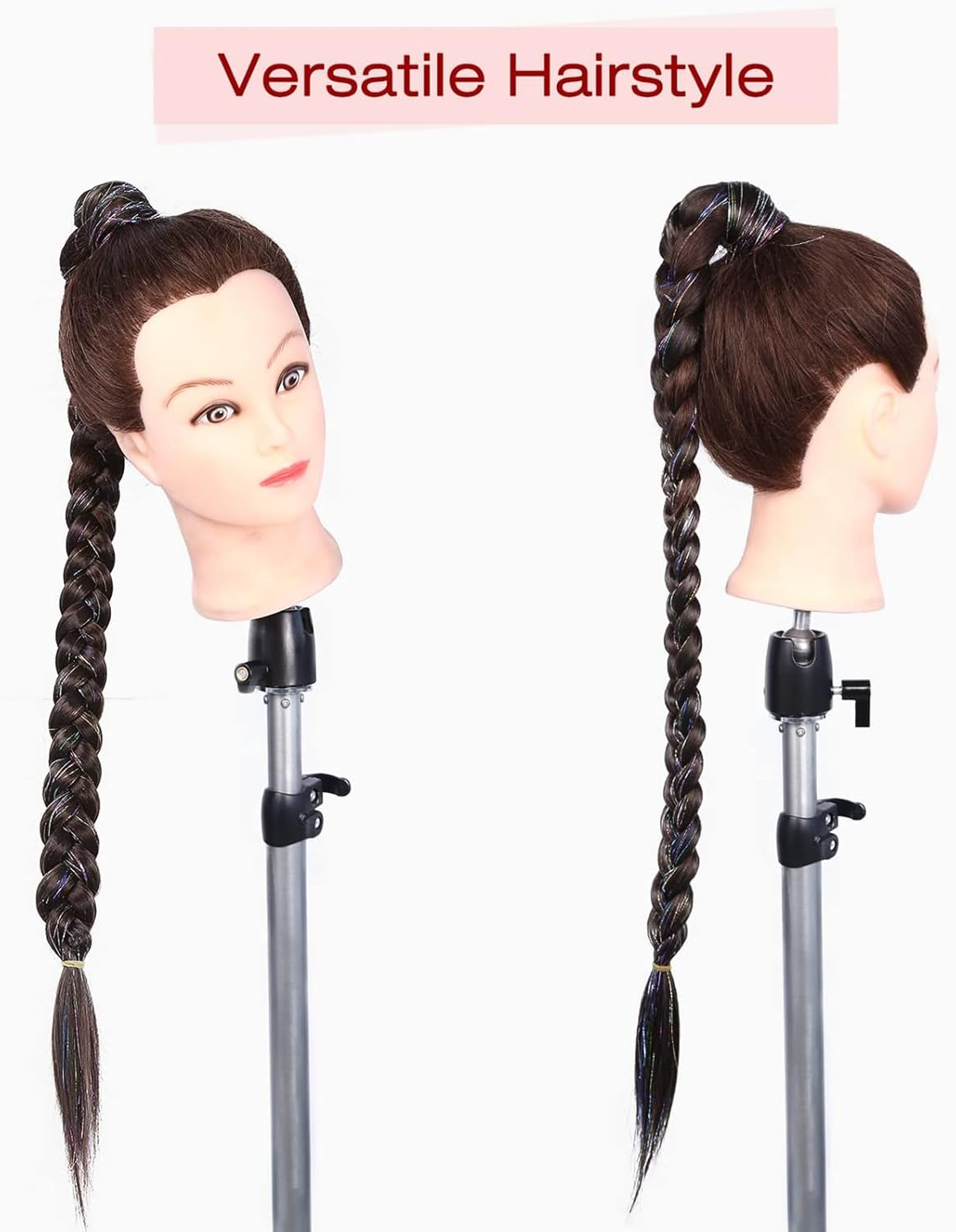 Braid Ponytail Extension with Glitter Hair Tinsel, 34" Long Straight DIY Braid Hair Extension with Hair Tie, Wrap around Hair Extensions Ponytail Natural Synthetic Hairpiece Black Brown