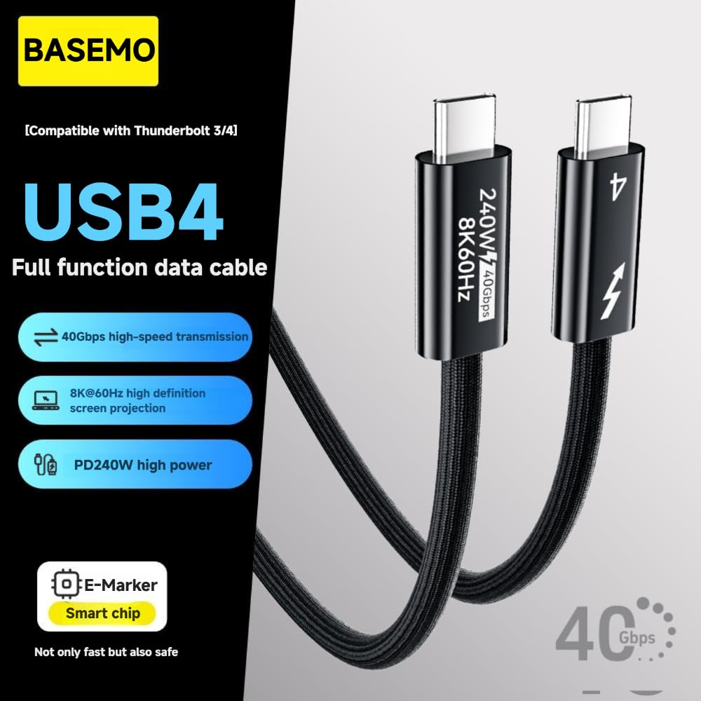 BASEMO Usb4/Thunderbolt 4 Braided Cable 1M, 40Gbps High Speed Data, 8K@60Hz Video, 240W PD 3.1 Fast Charging, USB C Cord for Macbook, SSD, Iphone 15, Monitor image number 3