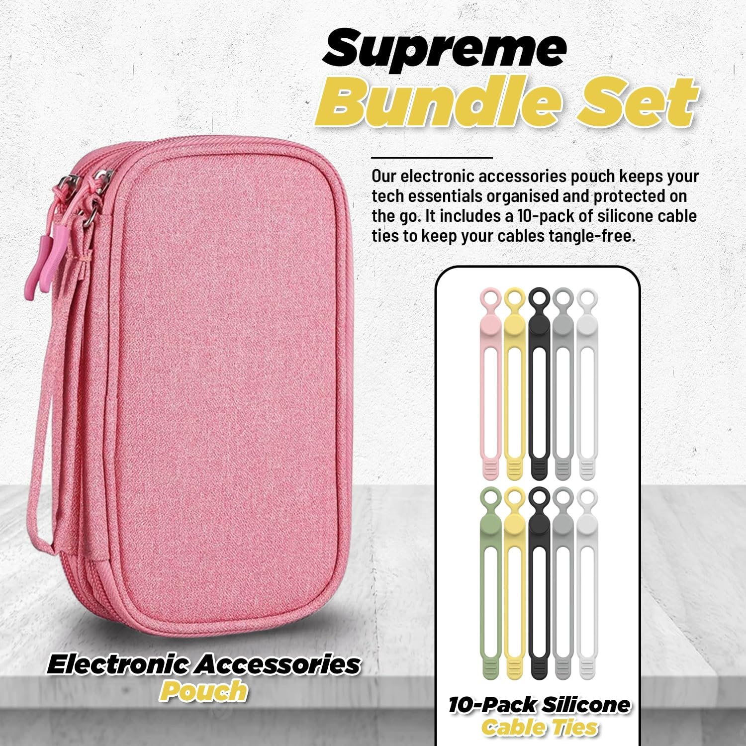 Cable Organiser Bag with Bonus Silicone Cable Ties - Double Layer Waterproof Travel Case for Electronics | Compact Pouch with SD Card Slots, USB Cable Holder | Travel Organiser for Power Cords - Pink image number 4