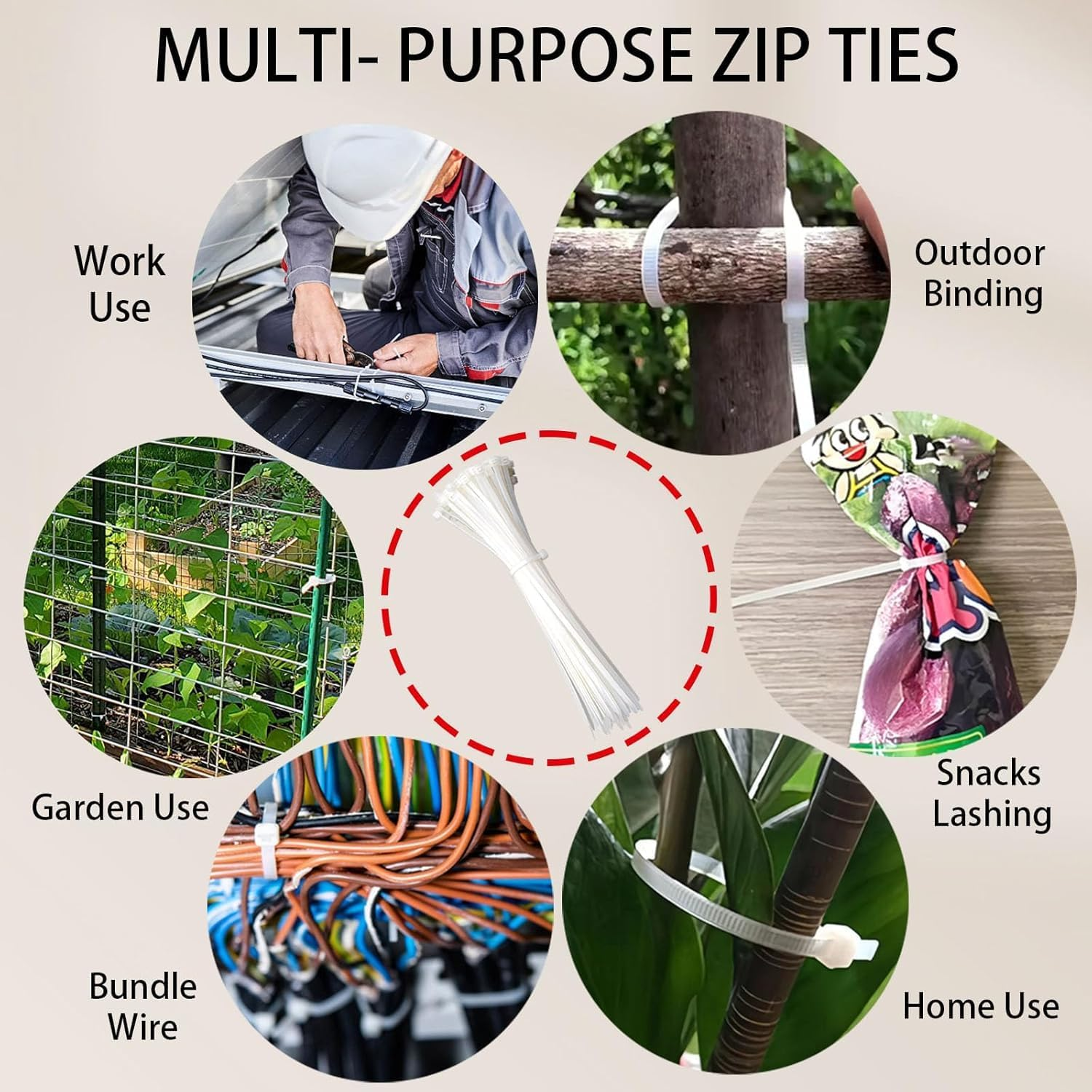 Zip Ties Assorted Sizes 4/6/8/10/12 Inch, 500 Pack, White Cable Ties for Multi-Purpose, Nylon/Plastic Wire Ties for Home Improvement, Office & Outdoor Use