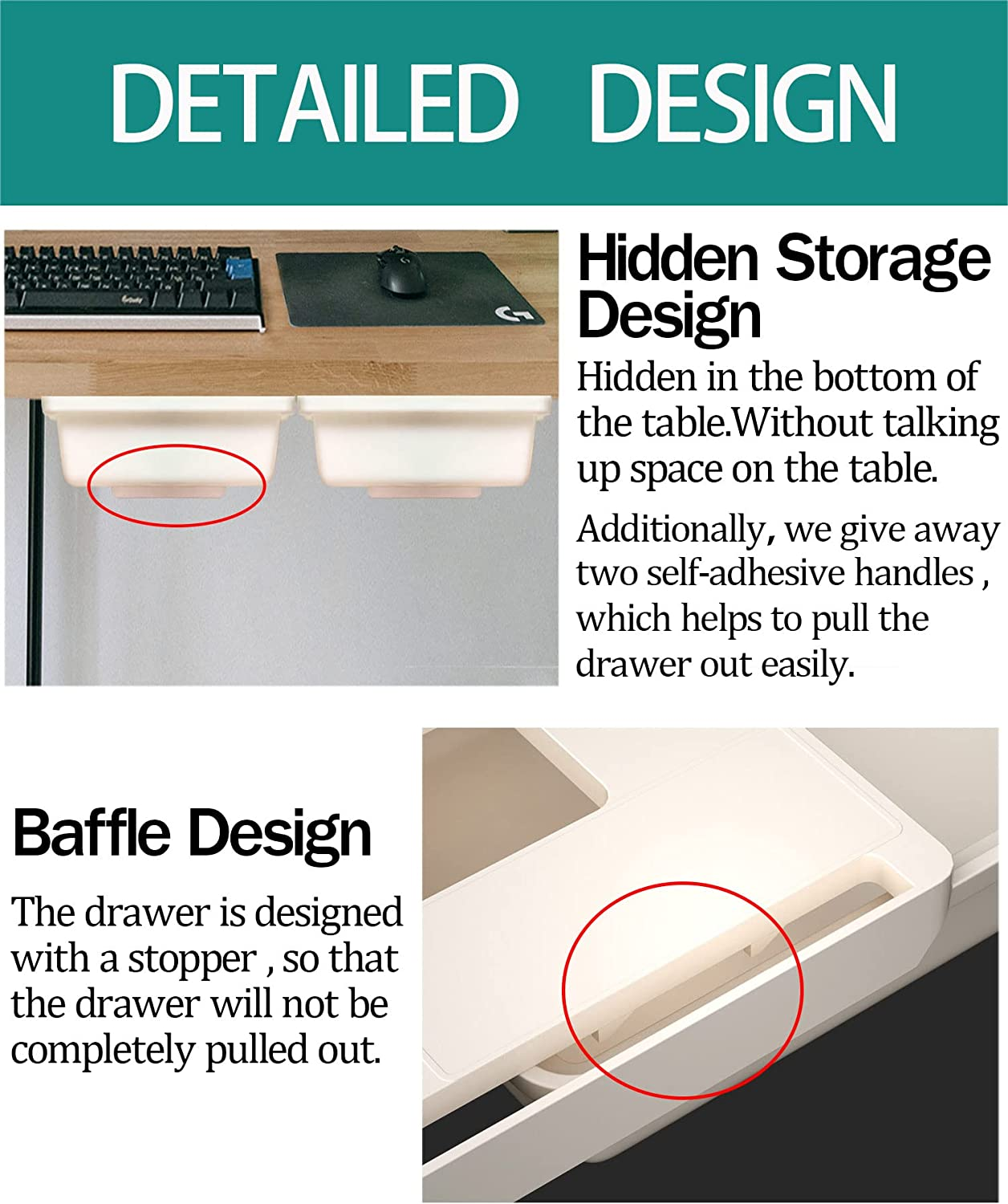 Hidden under Table Desk Drawer Storage Organizer 2 Pack,Self-Adhesive under Office Desktop Pencil Tray Drawer,Under Table Storage Tray Drawer for Kitchen image number 6