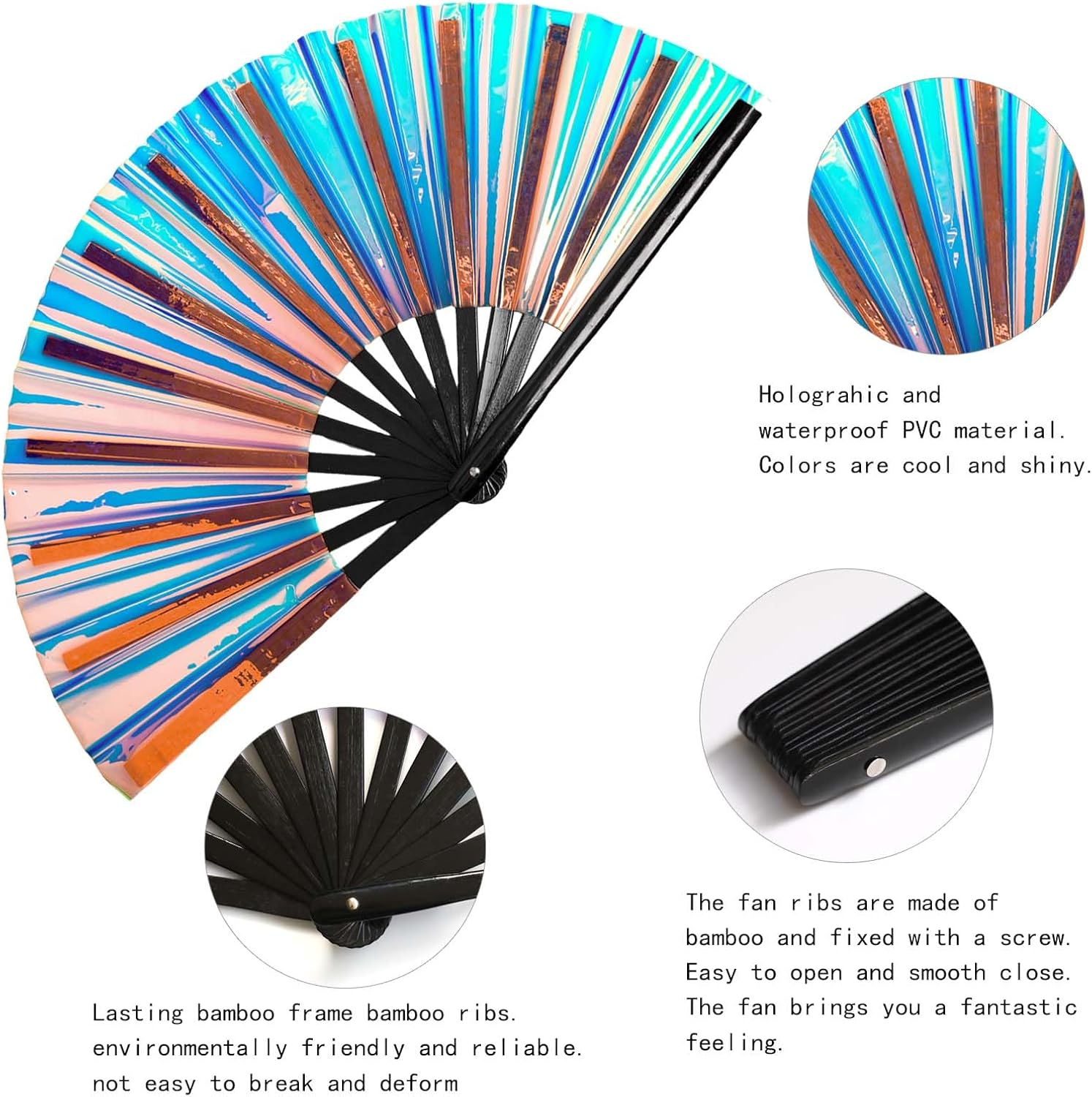 Large Clack Hand Rave Fan Holographic Folding Popping Line Dance Fan Foldable Handheld Clacking Fans for Line Dancing Craft Laser Rave Accessories for Festival Rainbow Outfits Party Club(Light Blue) image number 1
