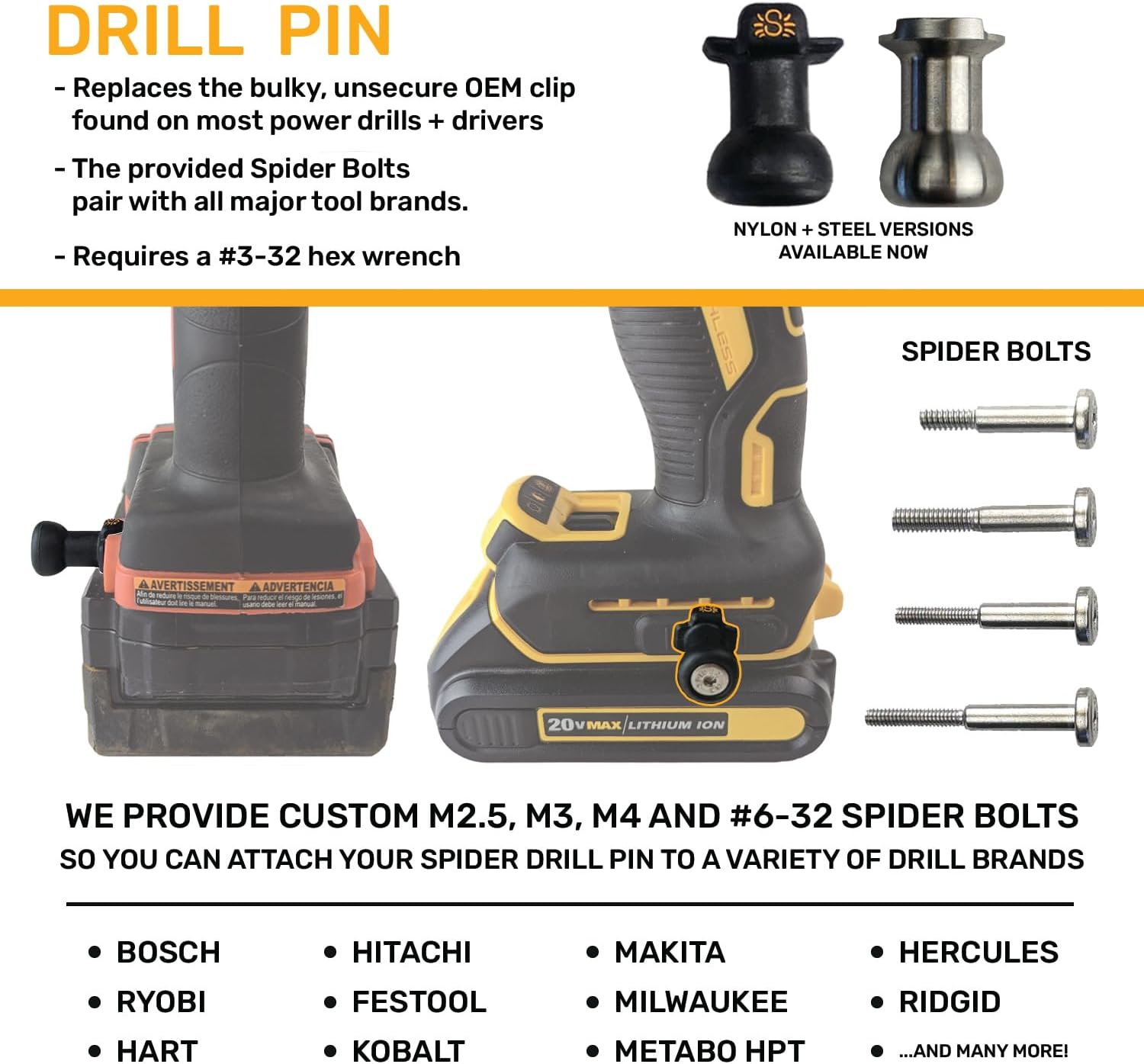 Spider Tool Holster - Drill Pins - Pack of Three - Attaches to the Side of Any Brand Power Drill and Driver with the Provided M2, M3, #6-32 Screws - Pairs with Spider Tool Holster and Tool Docks image number 2
