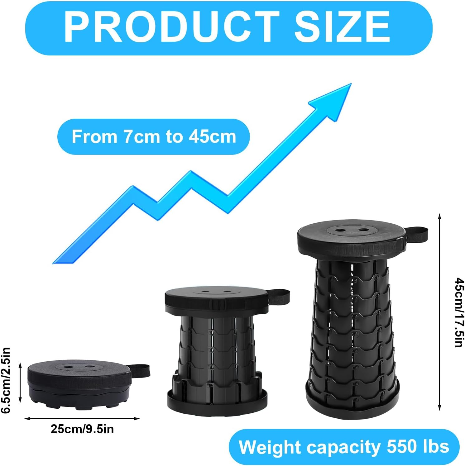 Foldable Stool for Adults - 550Lbs Capacity, Portable & Retractable Camping Seat, Compact Collapsible Stool for Outdoor, Travel, Events（Black）