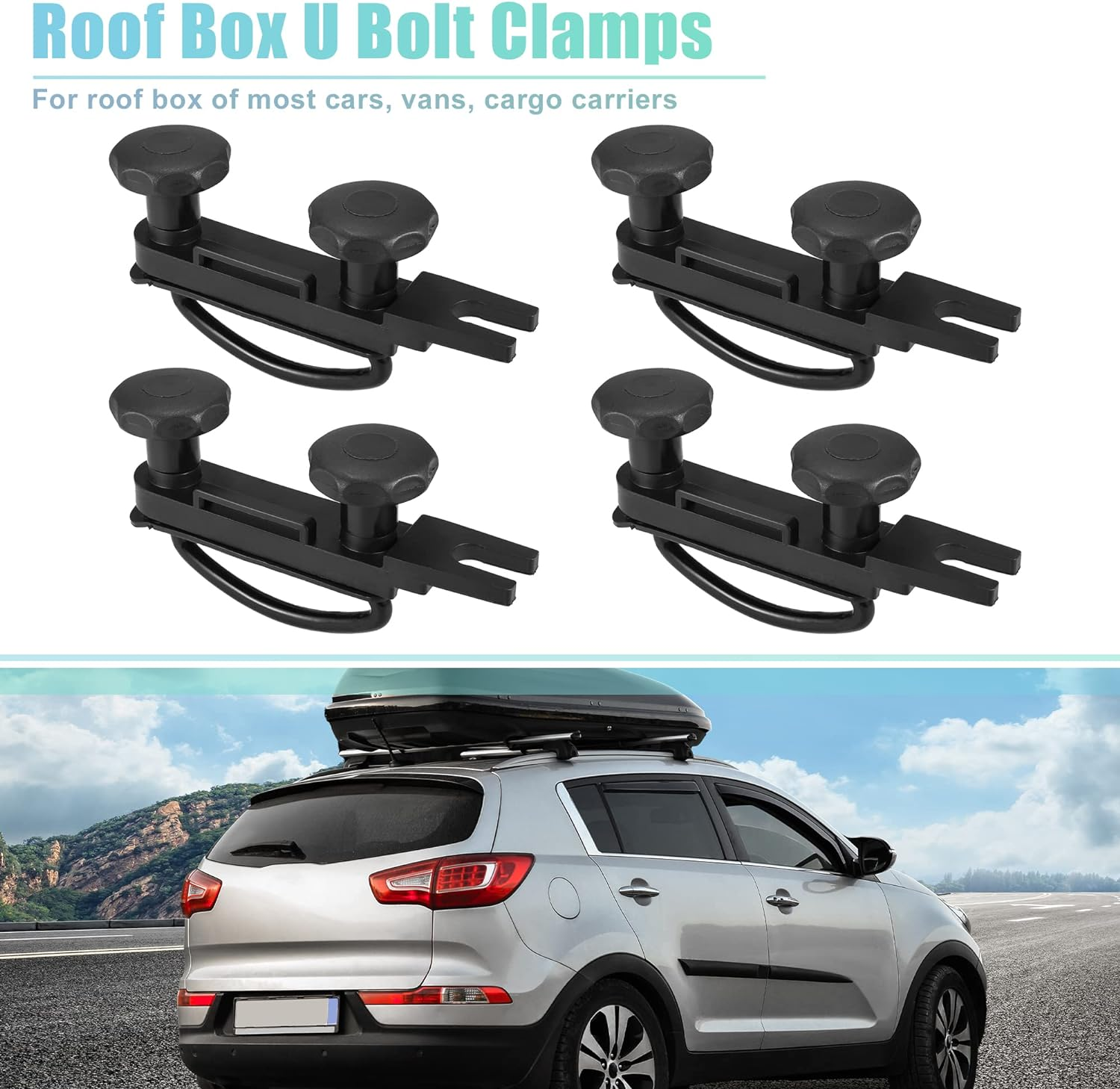 X AUTOHAUX 4 PCS Universal Roof Box U Bolt Clamps Rooftop Cargo Carrier Rack Bolts 83Mm Internal Width W/ 8 Lock Nuts and 2 Straps Cargo Carrier Mounting Fitting Iron Bolts image number 4