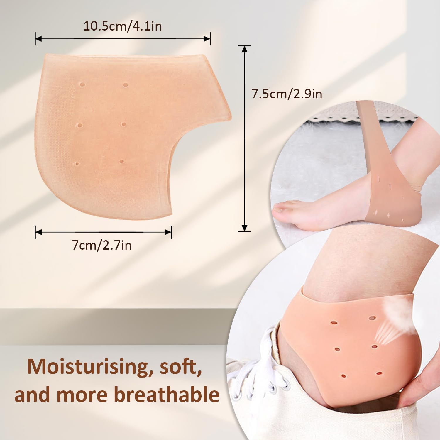 EKIND Silicone Heel Protectors, Breathable Cups & Ankle Gel Pads Cushion for Heel Pain and Cracked Heels Relief for Men and Women(Complexion with Holes) ﻿