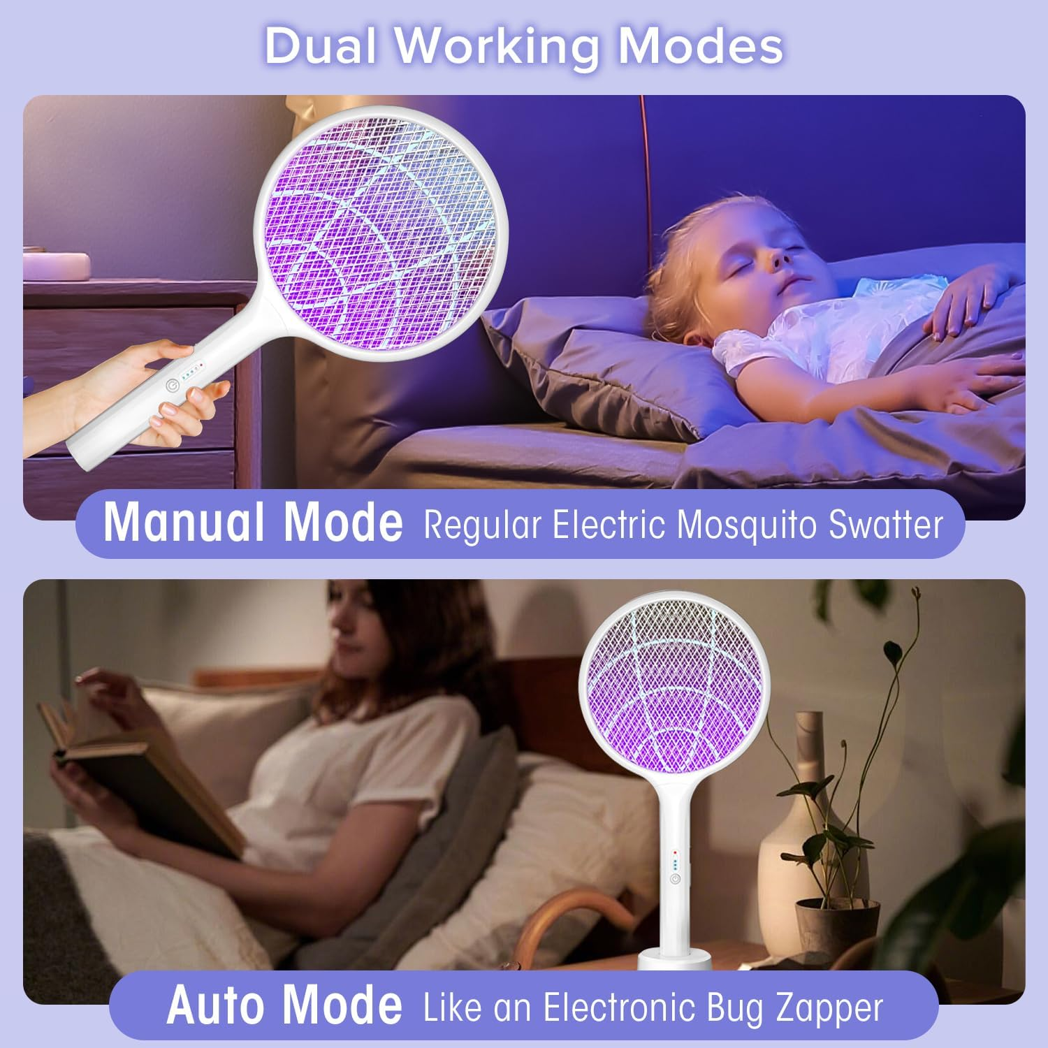 2000Mah Electric Fly Swatter, Yakiter 4000V Bug Zapper Racket with USB Rechargeable Base, 3-Layer Safety Mesh, 2-In-1 Powerful Mosquitoes Killer Lamp & Fly Killer for Indoor Outdoor (White) image number 6