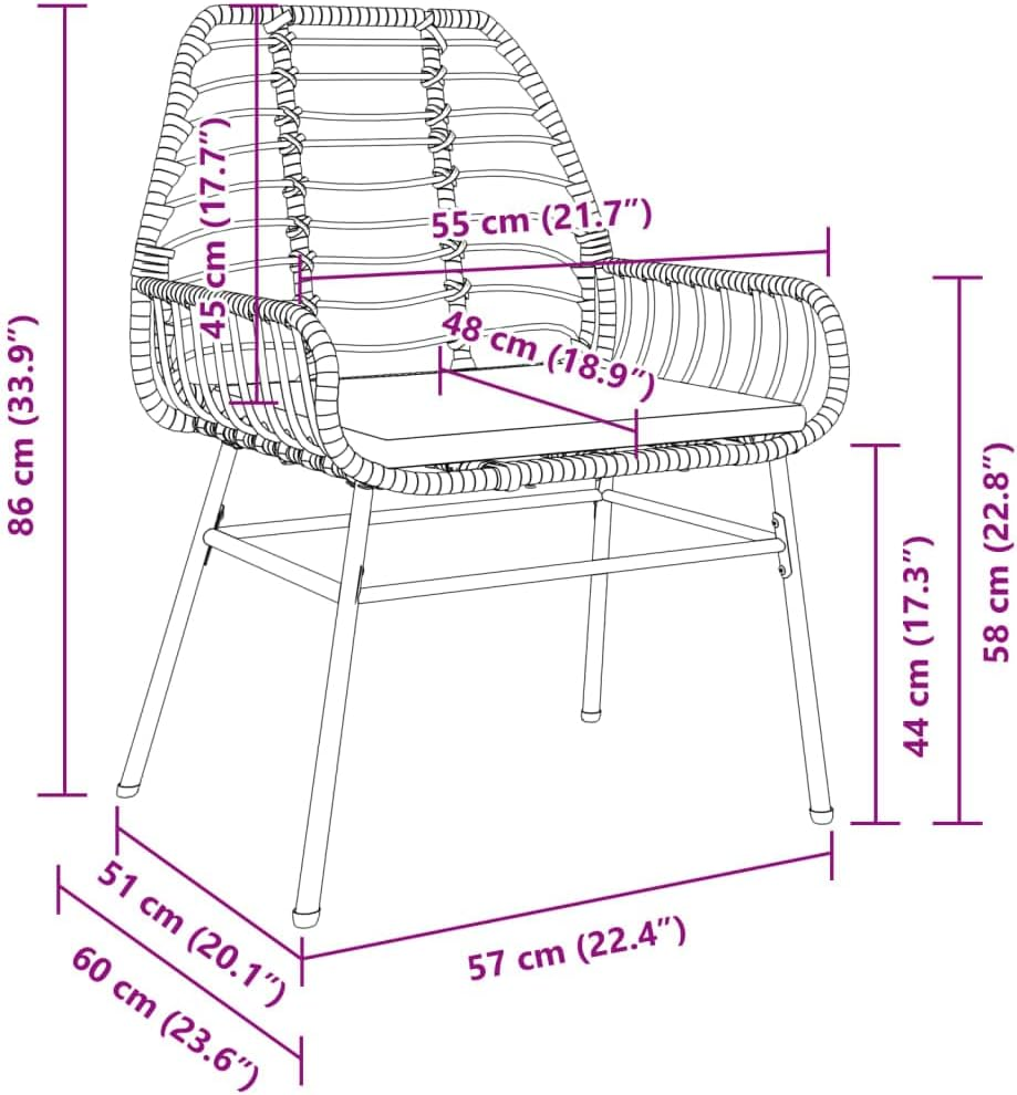 Vidaxl Garden Dining Chair Set - 2 Piece Black PE Rattan Outdoor Armchairs with Cushions - Spacious 57X60X86 Cm - Brown image number 5