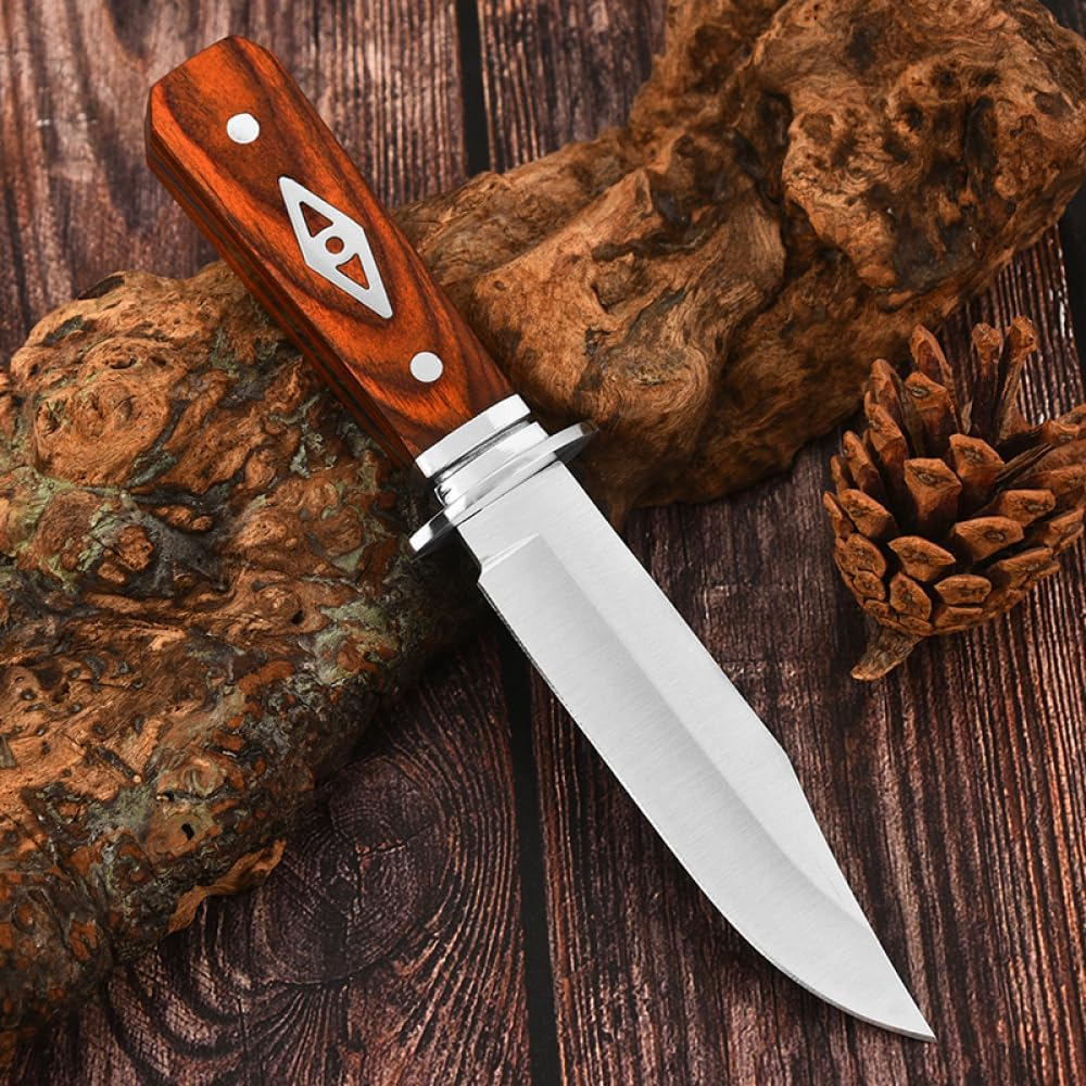 8" Fixed Blade Knife - Satin Finish Stainless Steel Blade, Brown Wood Handle with Stainless Steel Bolster, Includes Nylon Sheath - EDC, Survival, Bushcraft, Skinning and Camping Knife image number 3