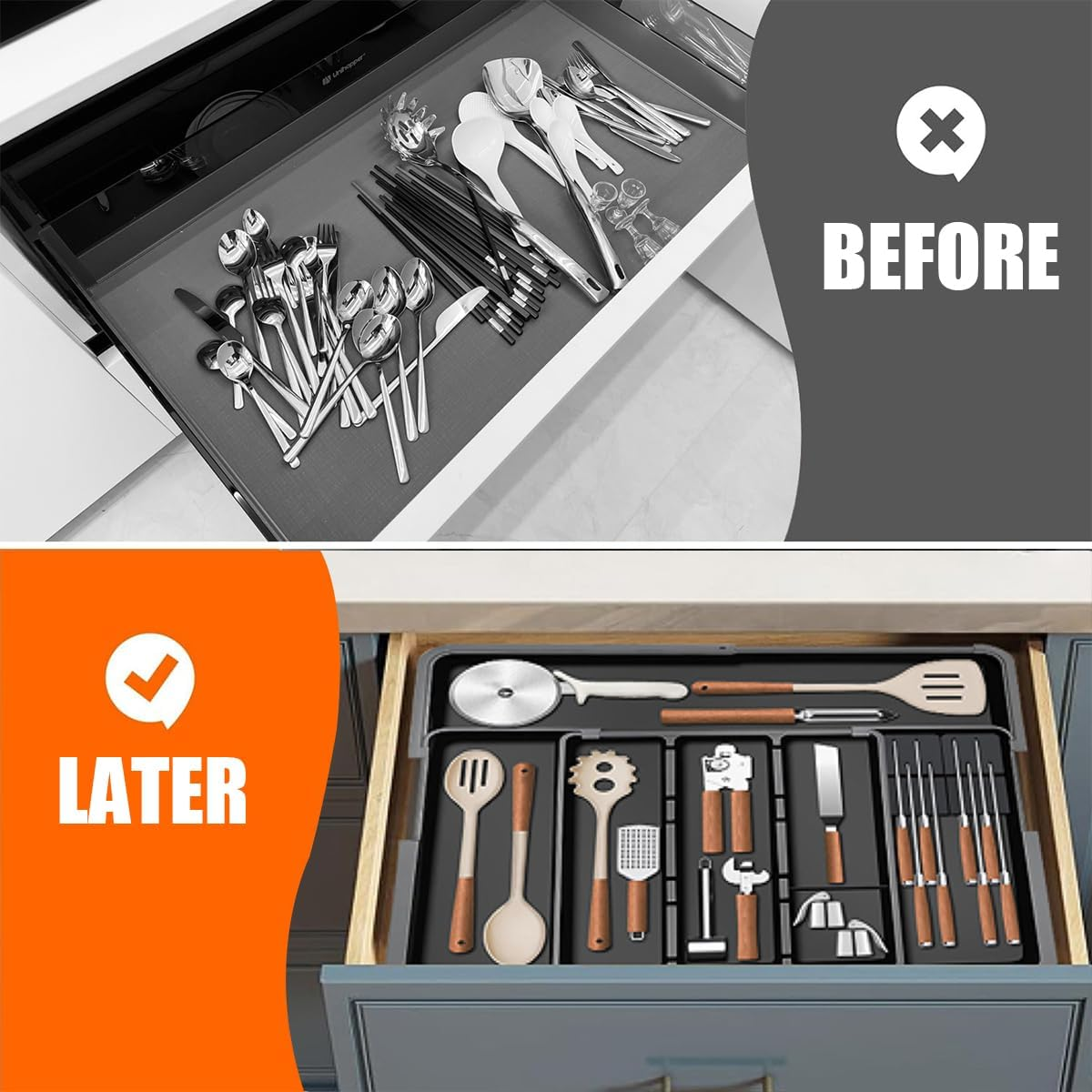 Cutlery Drawer Organiser with 4-Sided Expandable, Cutlery Organiser 6 Compartment, Movable Knife Organizers for Kitchen and Cutlery Tray,Forks, Knives and Gadgets