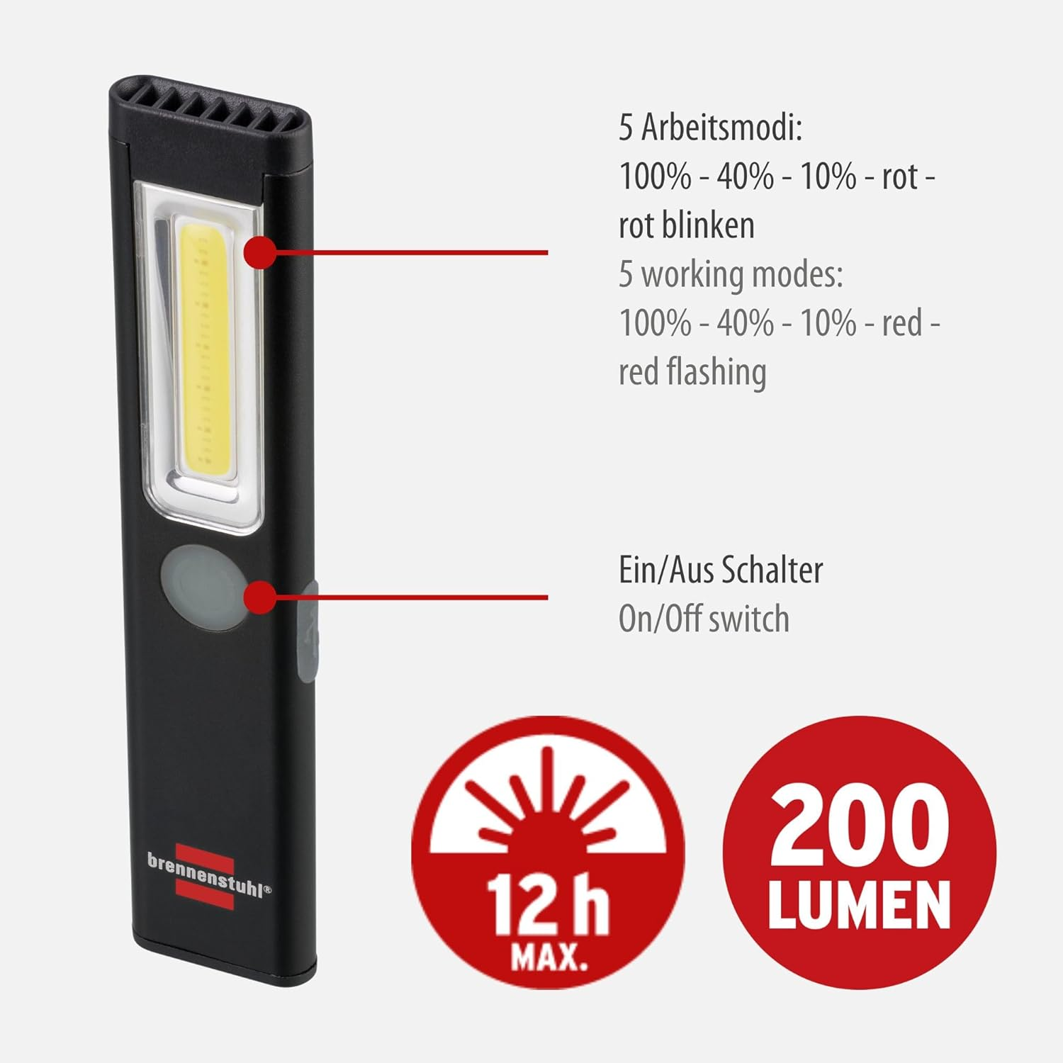 Brennenstuhl PL 200 AC/LED Flashlight with COB LED (200Lm, USB C Charging Cable, Lighting Duration up to 12H, COB Inspection Lamp with Magnet and Clip) image number 4