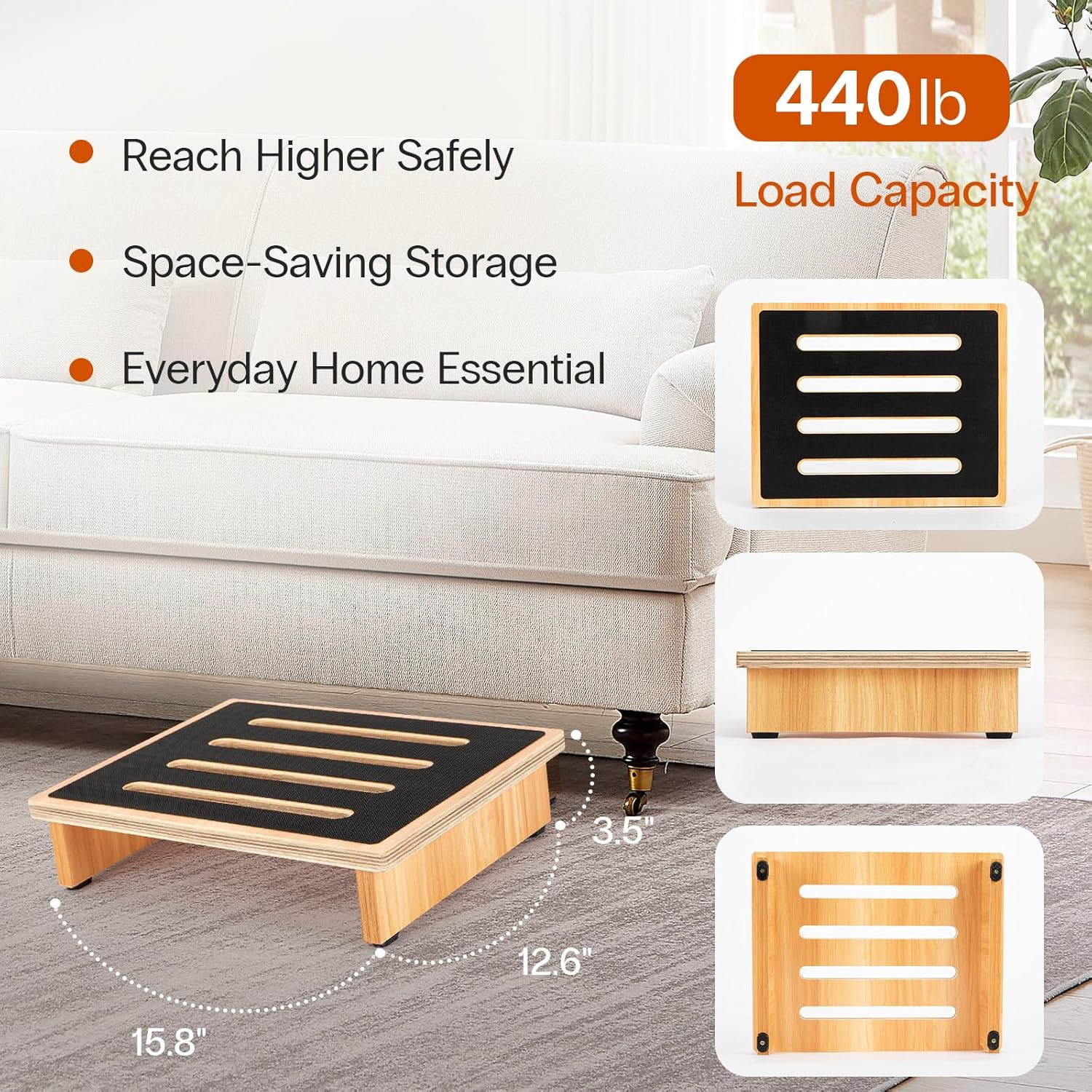 Strongtek 3.5" One Step Stool for Adults, Sturdy Wooden Riser with Non-Slip Rubber Top, 440 Lb Capacity, No Assembly Required, Portable for Kitchen, Bathroom, Bedside, Kids & Seniors image number 3