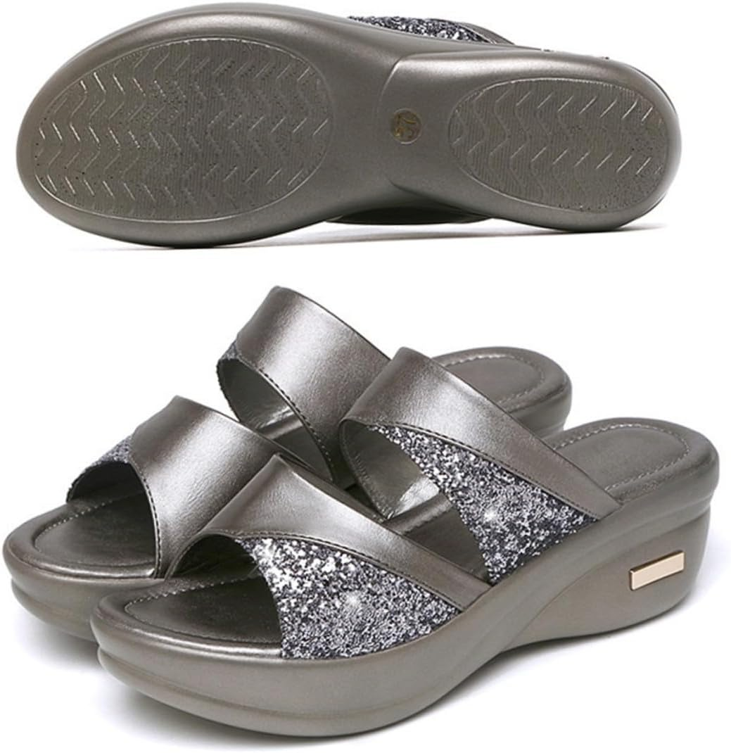 Minkissy Thick Wedge Sole Women Slippers Summer Casual Fish Mouth Sandals for Outdoor Beach Wear Stylish Grey Mom Shoes with Easy - Golden image number 4