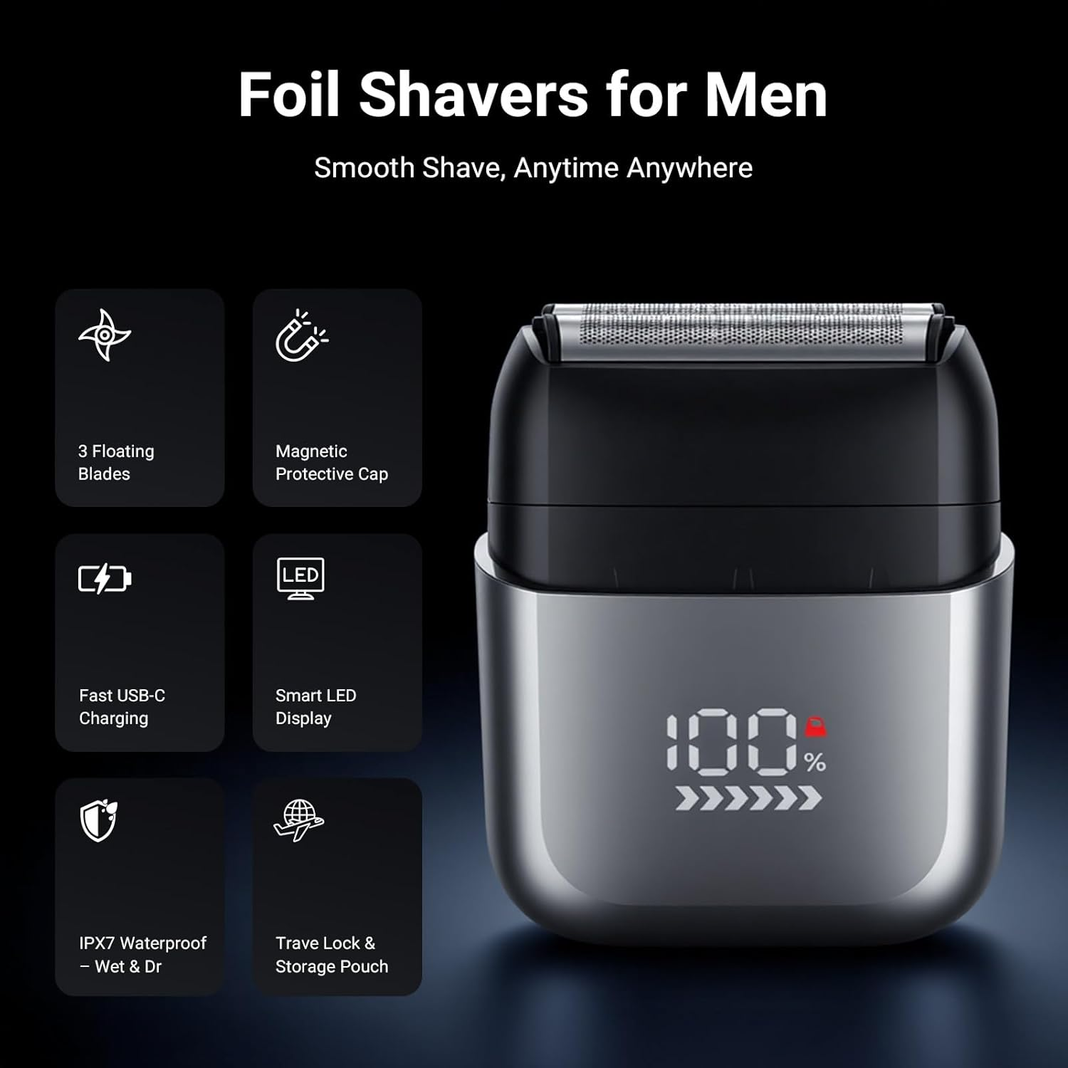 Ixtra Mini Electric Foil Shaver for Men &ndash; Close Shaving Face Razor with High-Speed 3 Floating Blade Heads, USB-C Fast Rechargeable Cordless Razor, IPX7 Waterproof Wet & Dry, Travel Lock, LED Display image number 2