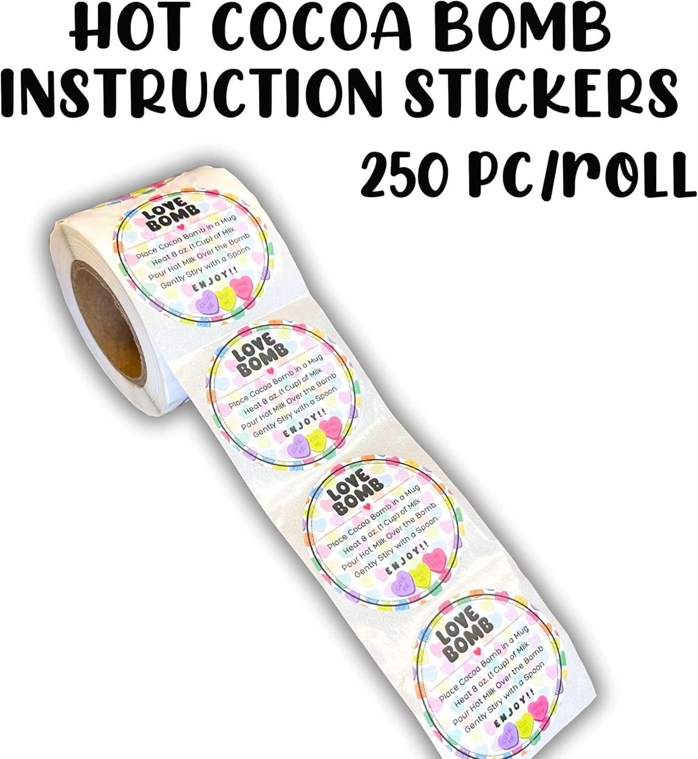 Love Bomb Stickers for Hot Cocoa Bomb Box | 250 Pc Roll Bulk Packaging 2&rdquo; Label Tag Instructions Ingredients for Holiday Valentine&rsquo;S Candy Heart Background Hot Chocolate Bomb image number 3