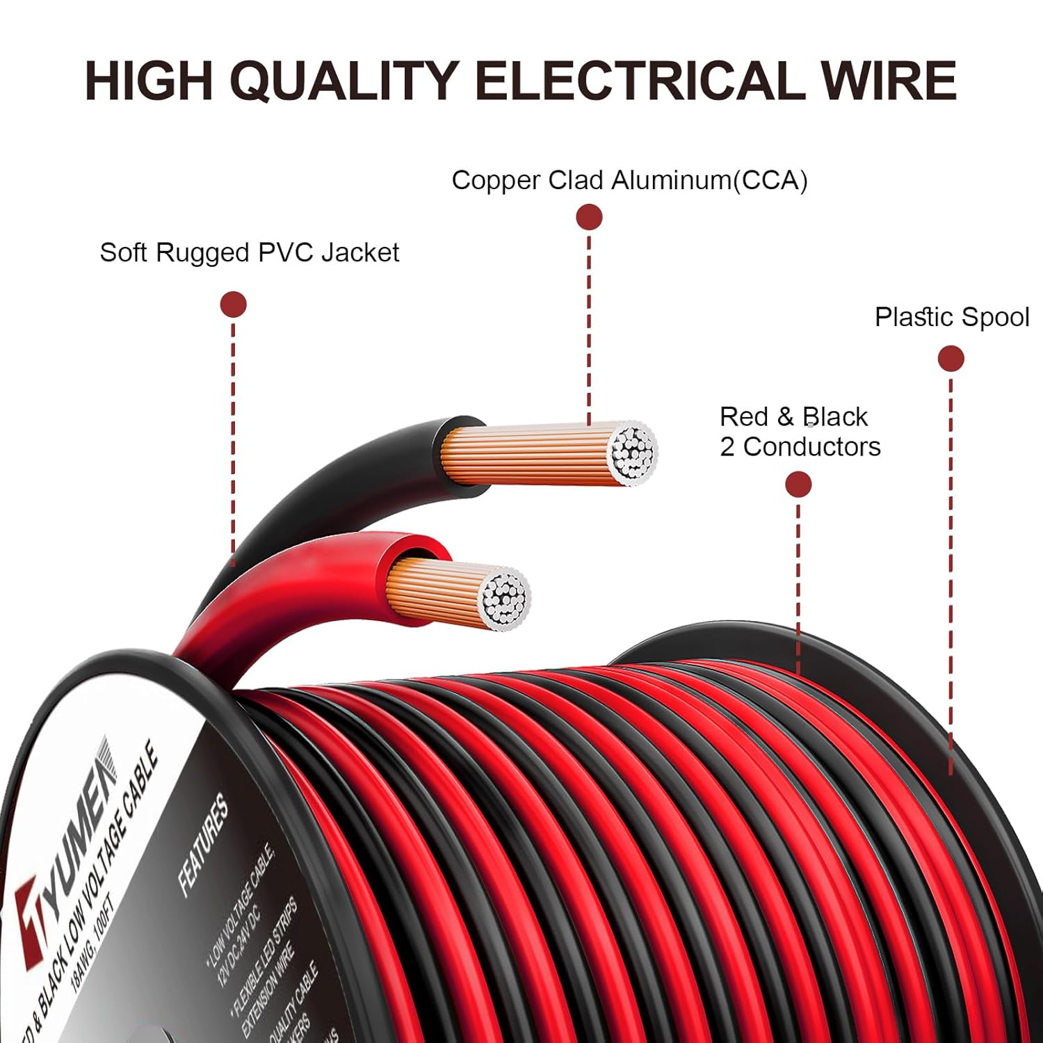 TYUMEN 40FT 18 Gauge 2Pin 2 Color Red Black Cable Hookup Electrical Wire LED Strips Extension Wire 12V/24V DC Cable 18AWG Flexible Wire Extension Cord for LED Ribbon Lamp Tape Lighting image number 6