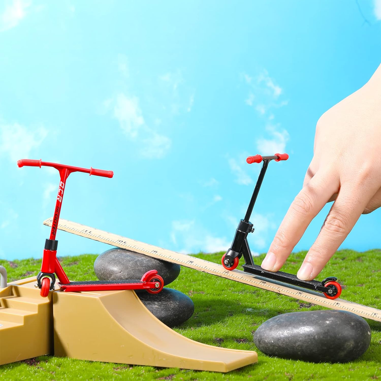 22 Pcs Mini Finger Scooter Toy Set - 2 Sets with Accessories, Finger Pants, Tools, Alloy Board - Interactive Toys for Skateboarder (Red, Black) image number 3