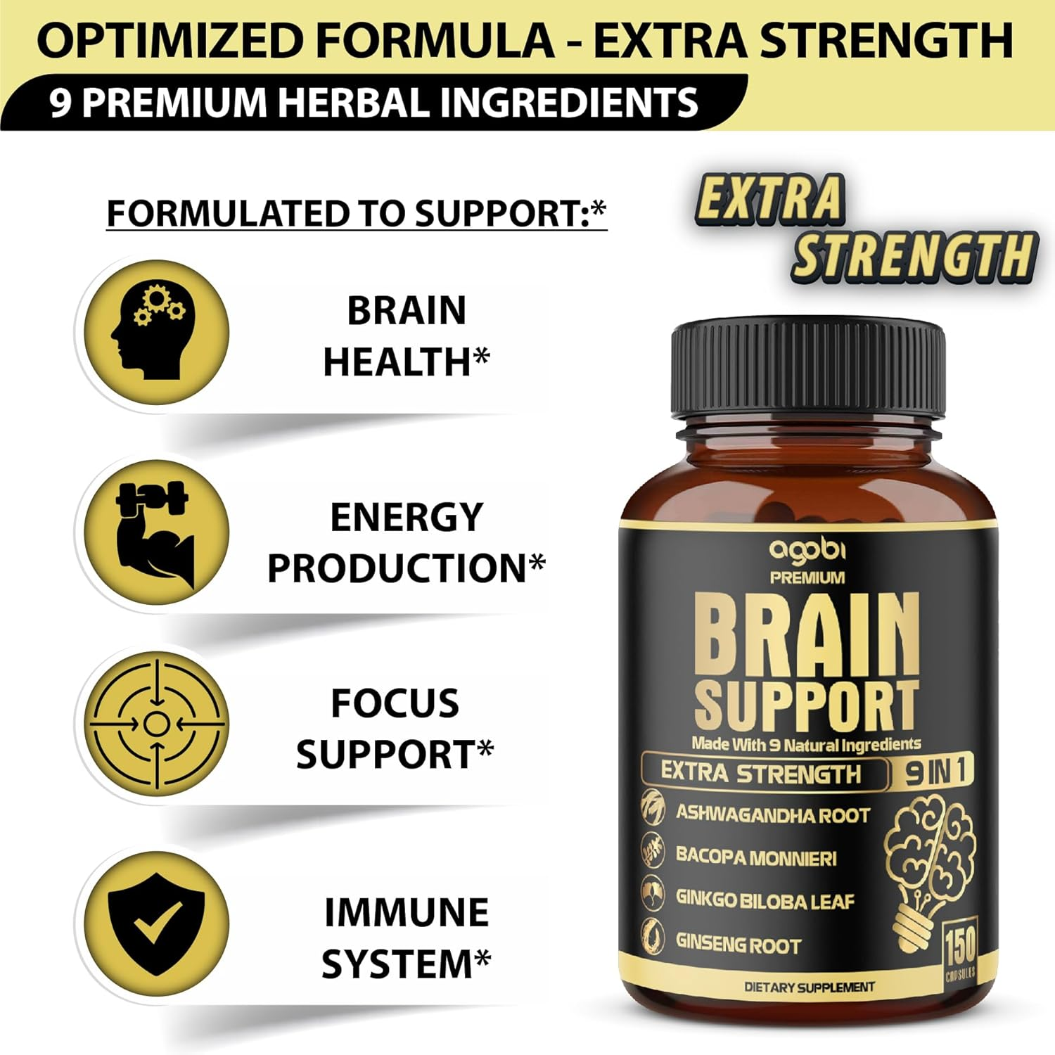 9In1 Brain Support Supplement 5750 Mg - Blended with Ashwagandha, Panax Ginseng, Gotu Kola, Ginkgo Biloba, Black Pepper & More - Accuracy, Focus, Memory & Energy Booster - 150 Capsules for 5 Months