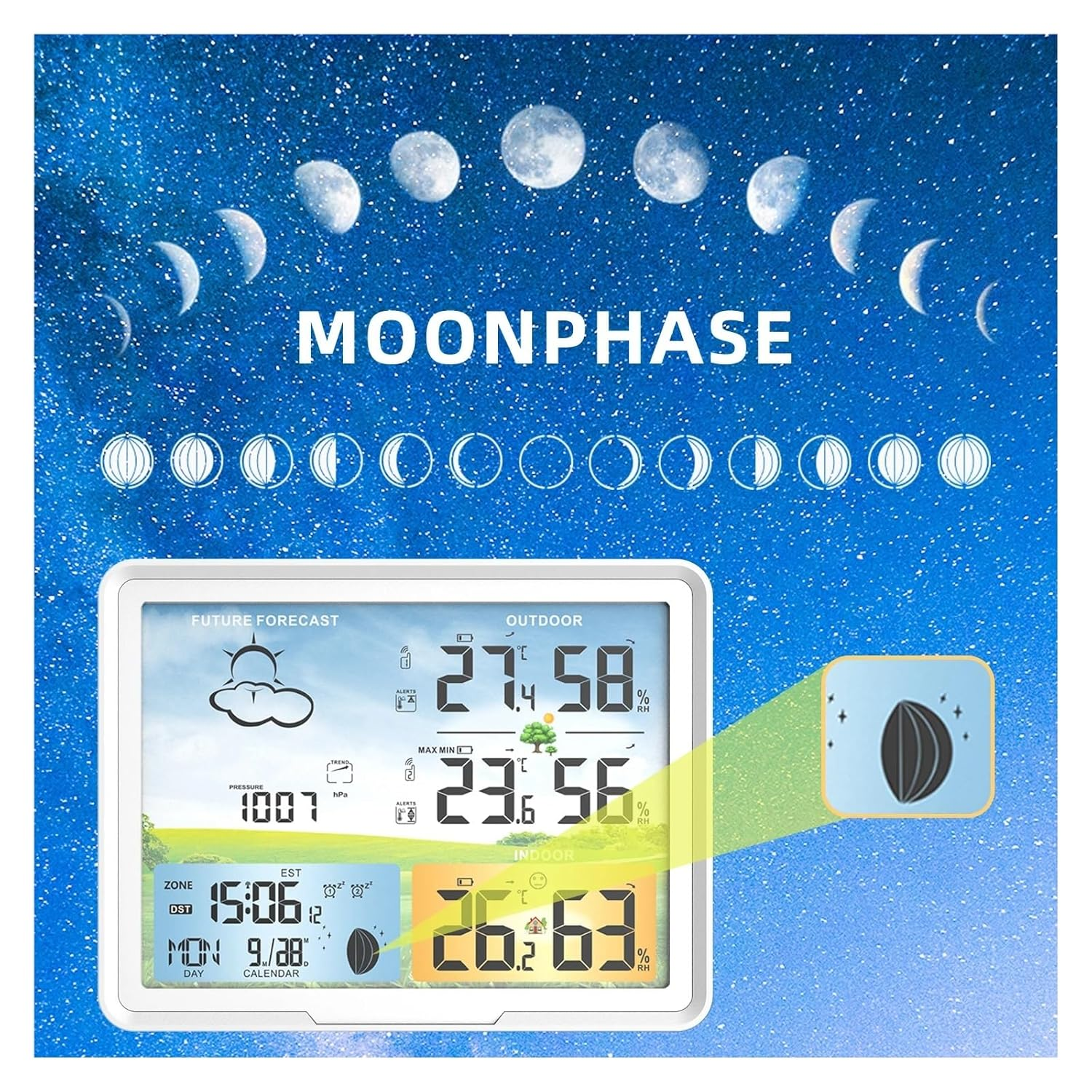 Wireless Weather Station 7" Colorful LCD Indoor Digital Thermometer Hygrometer Moon Phase Barometer Alarm Clock Forecast Sensor