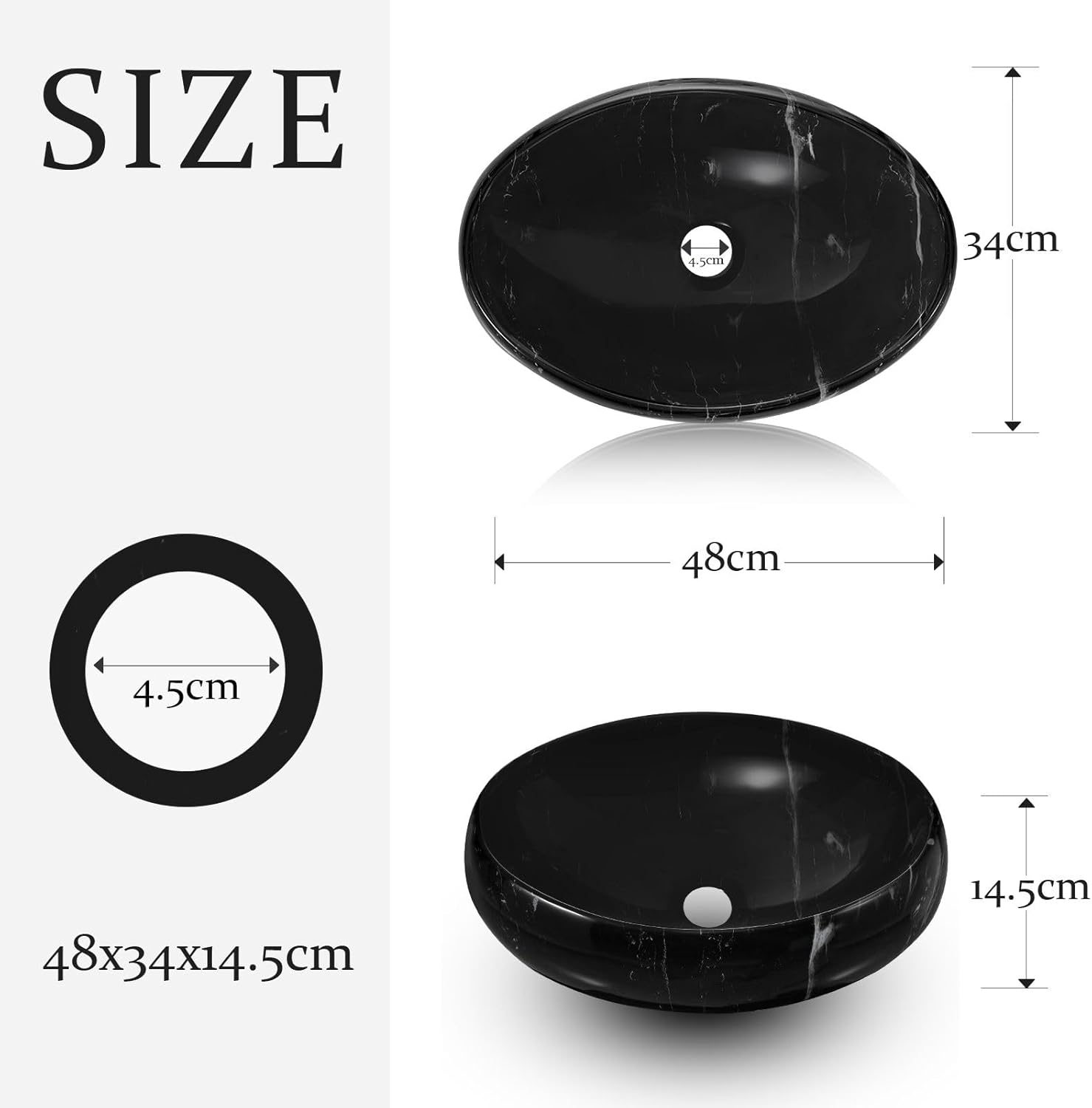 Luxsuite Bathroom Sink Vanity Basin Bath Vessel above Counter Oval Hand Wash Bowl Ceramic Sink Countertop Black Marbled image number 1