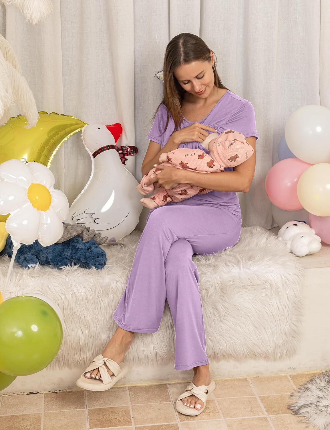 SUNNYBUY Women 3 PCS Maternity Nursing Nightgown Dress & Short Sleeve Breastfeeding Top & Pregnancy Pants Sleepwear Set image number 4