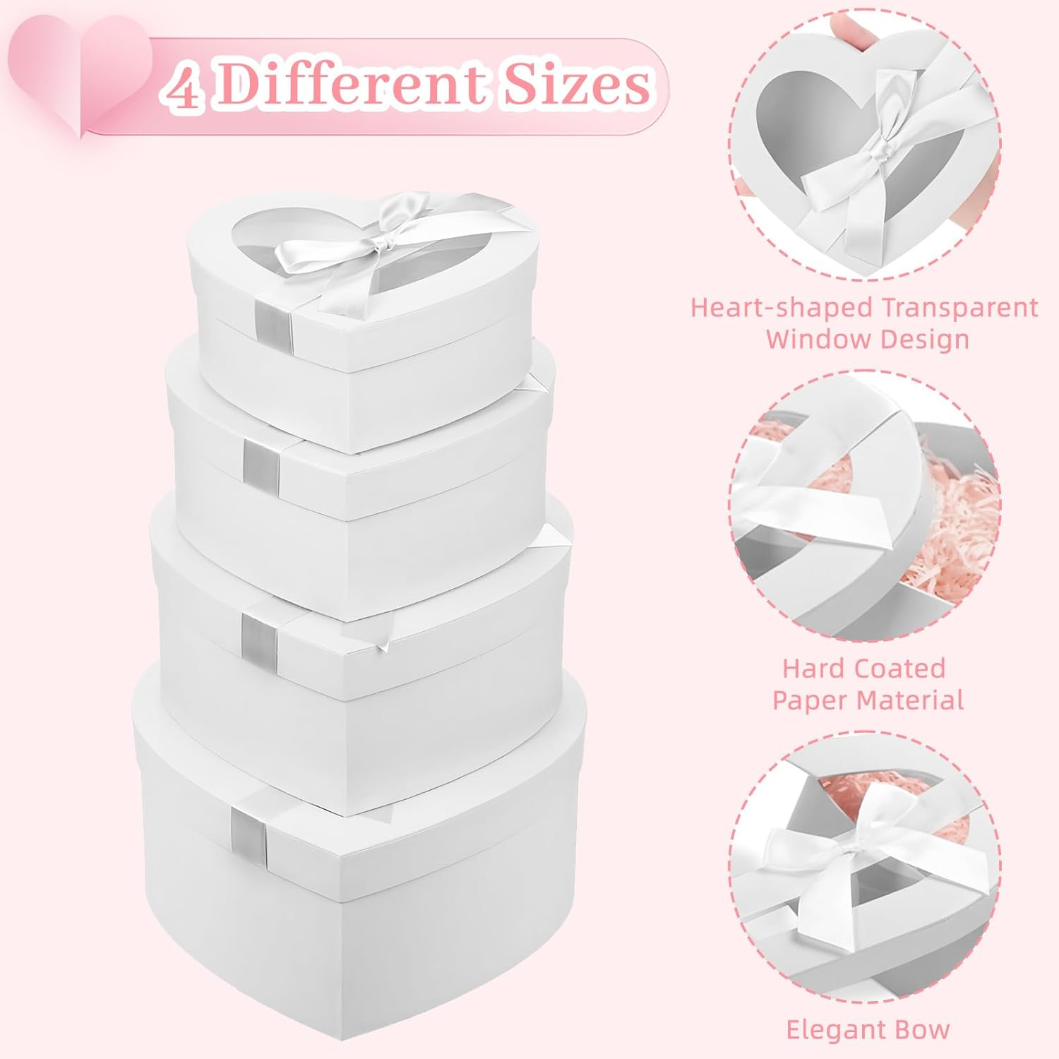 4Pcs Nesting Heart Shaped Gift Box with Clear Window Lids & Ribbons for Gifts Flower, Assorted Size Heart Gift Box Bulk for Mother'S Day Valentine'S Day Wedding Birthday Bridesmaid Proposal image number 1