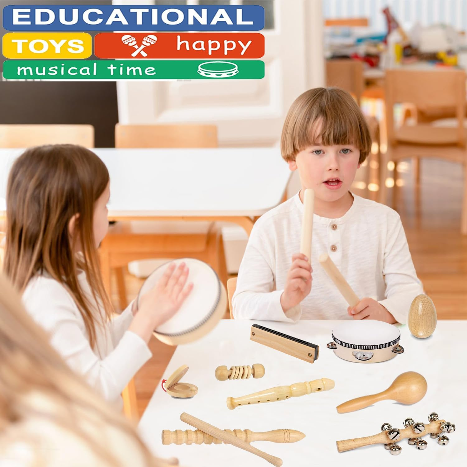 Toddler Musical Instruments International Natural Wooden Percussion Instruments Toy for Kids Preschool Educational, Musical Toys Set for Boys and Girls with Storage Bag image number 4