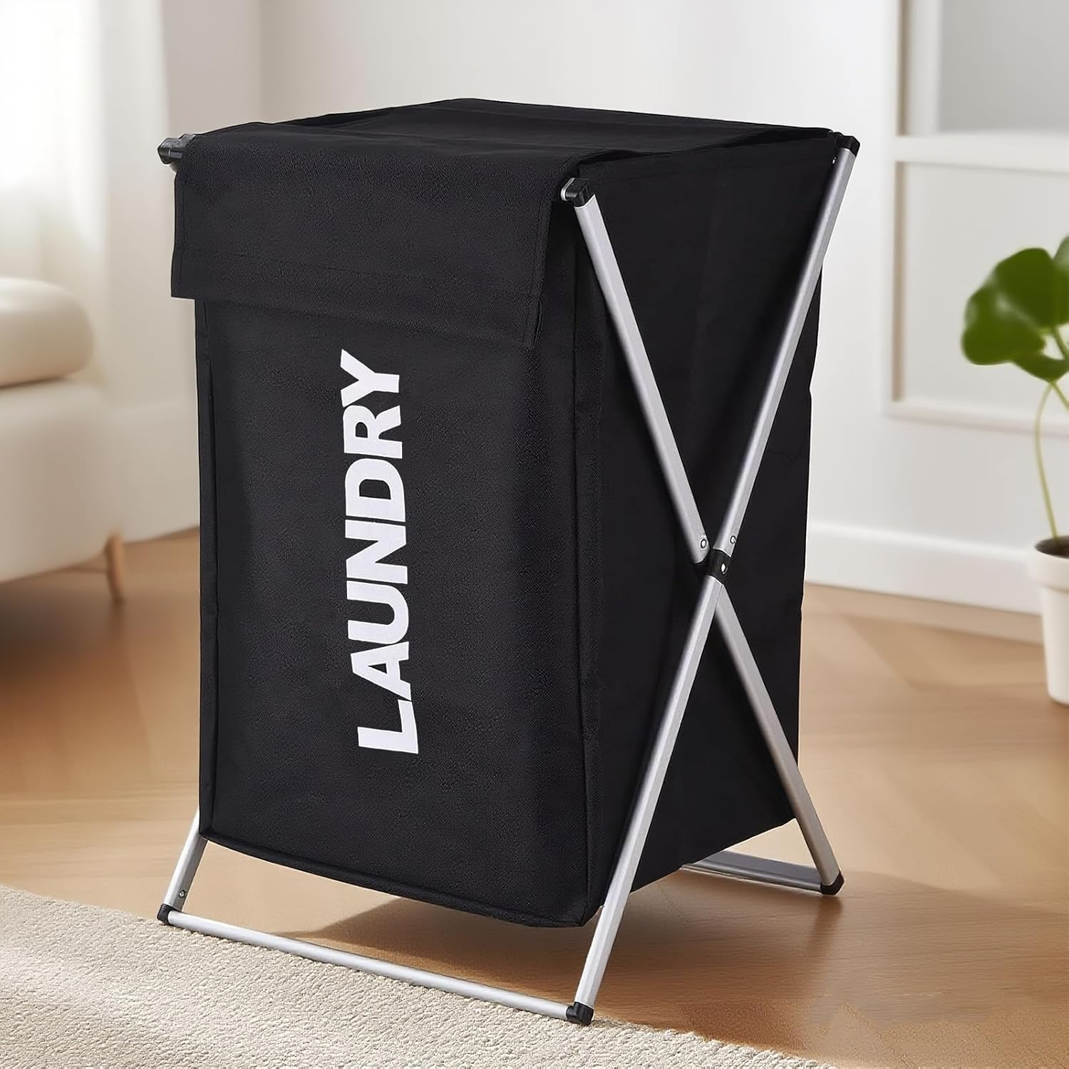 Foldable Laundry Hamper: Laundry Basket Clothes Hamper Aluminum X-Frame Foldable for Bathroom Bedroom Home Black