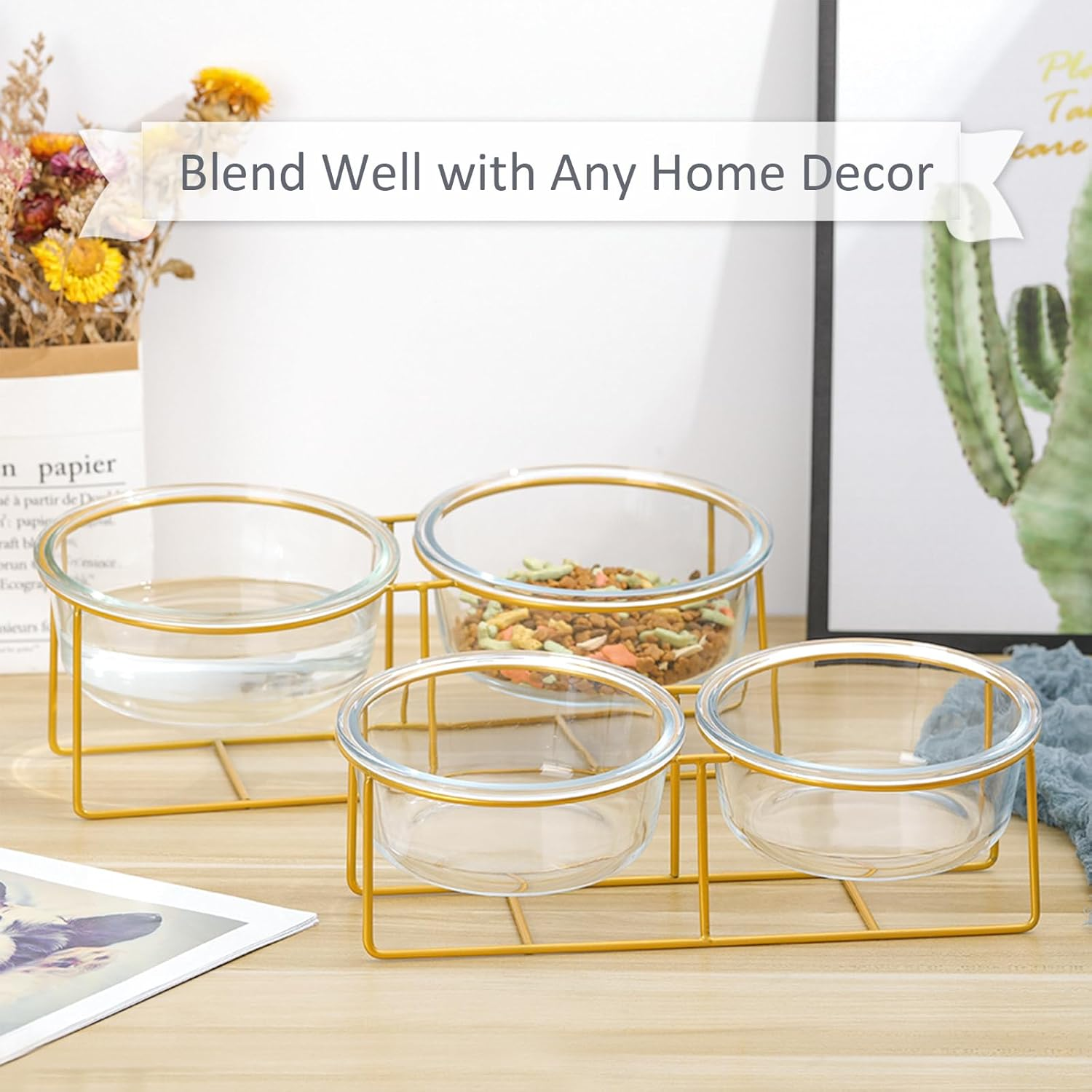 Small Double Elevated Dog Bowls - Raised Dog Bowl - Glass Dog Cat Bowl Set for Food and Water - Pet Comfort Feeding Bowls with Gold Iron Stand image number 3
