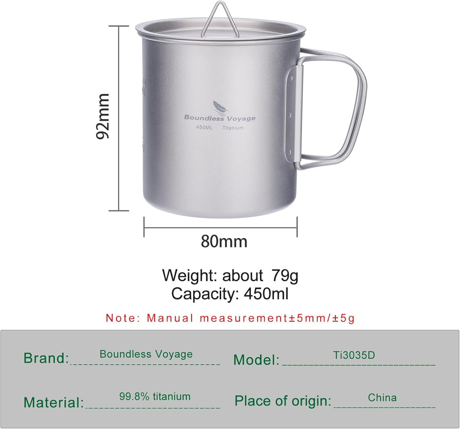 Boundless Voyage Titanium 450Ml Cup with Lid Folding Handle Outdoor Camping Ultralight Water Tea Coffee Mug image number 4