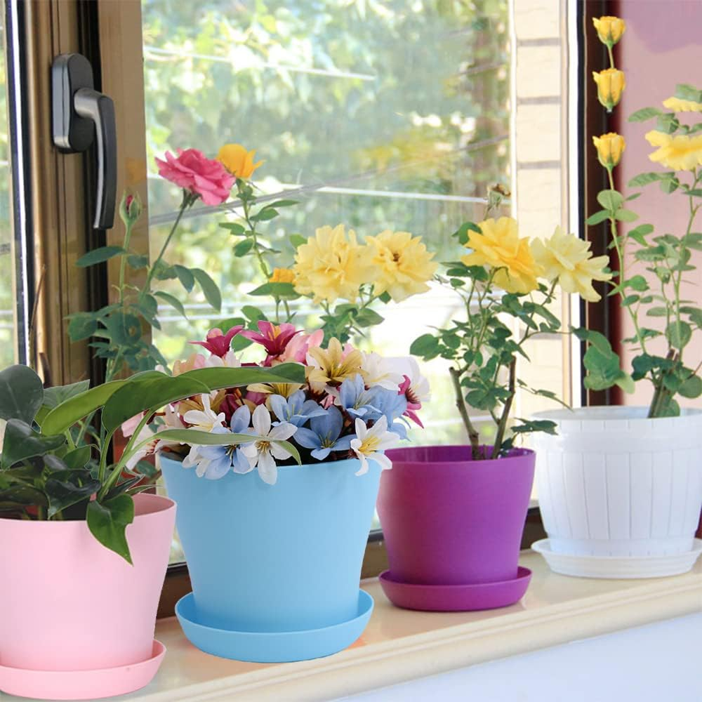 36Pcs 4 Inch Plastic Plant Pot Set, FHDUSRYO 16 Small Flower Pots with Saucers, Thickened Seedlings Nursery Pots with 18 Label 2 Tool, Colorful Flower Plant Container Seed Starting Pot for Home Garden image number 1
