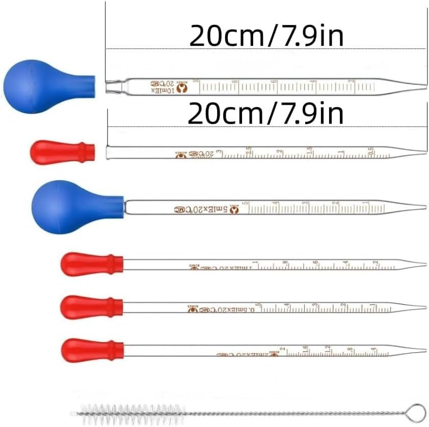 6 Pieces Glass Pipettes Graduated Dropper,0.5Ml /1Ml/ 2Ml/ 3Ml /5Ml /10Ml Glass Pipettes Graduated Dropper,Long Glass Pipette Dropper with 6 Rubber Caps and 1 Pcs Droppers Brush image number 6
